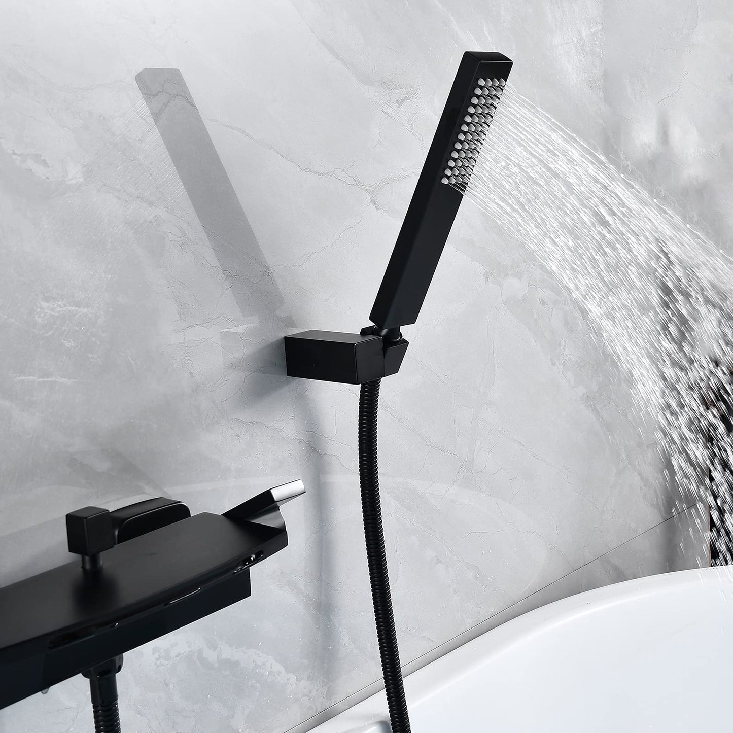 Bathtub faucet waterfall black, bathtub faucet with handheld shower, brass material tub faucet with shower bathtub wall faucet bathtub faucet black matte (black)