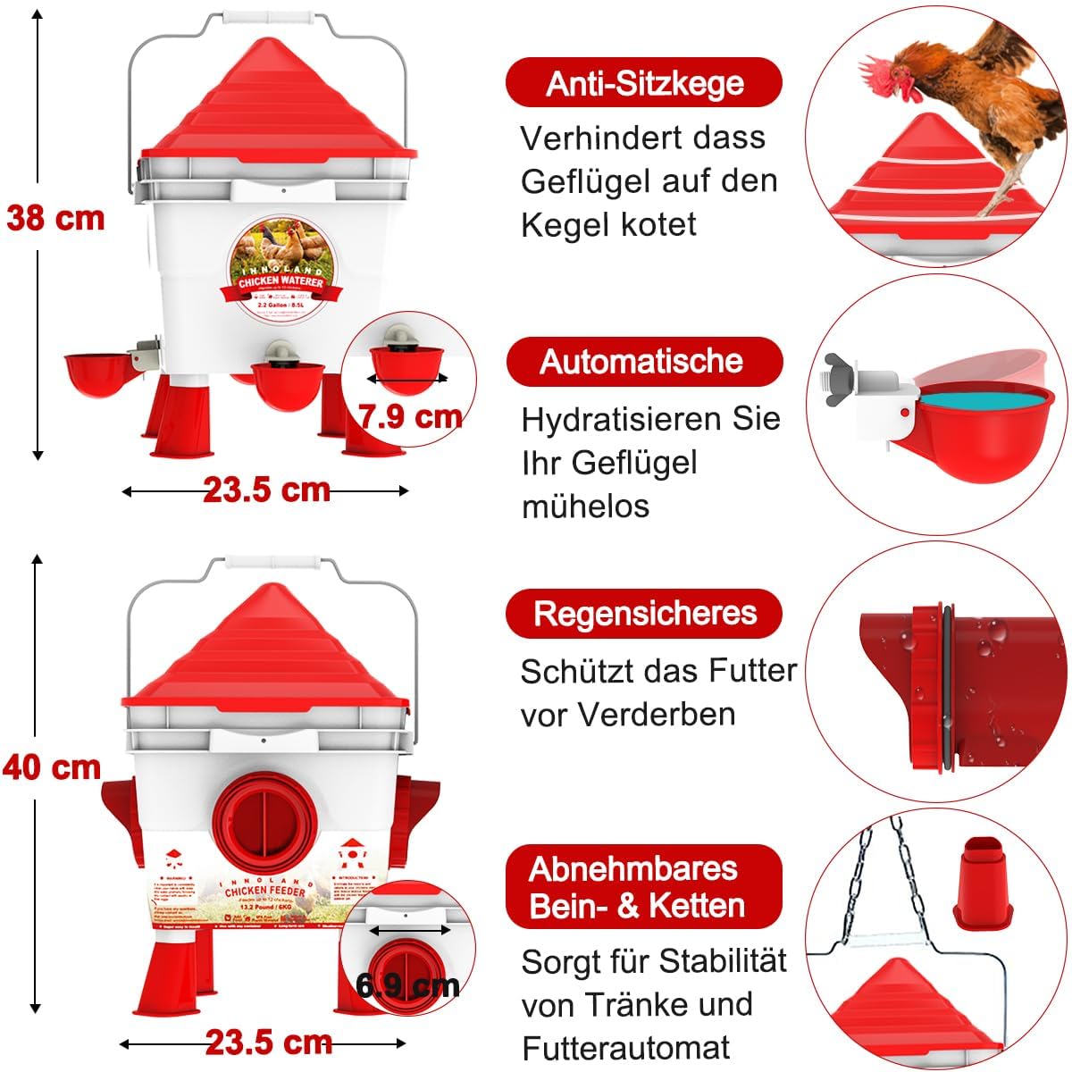 INNOLAND Chicken Feeder and Drinker Set, 6kg/8.5L | Automatic water supply and chicken feeder for poultry with 4 openings/4 bowls, adjustable legs, and steel chains