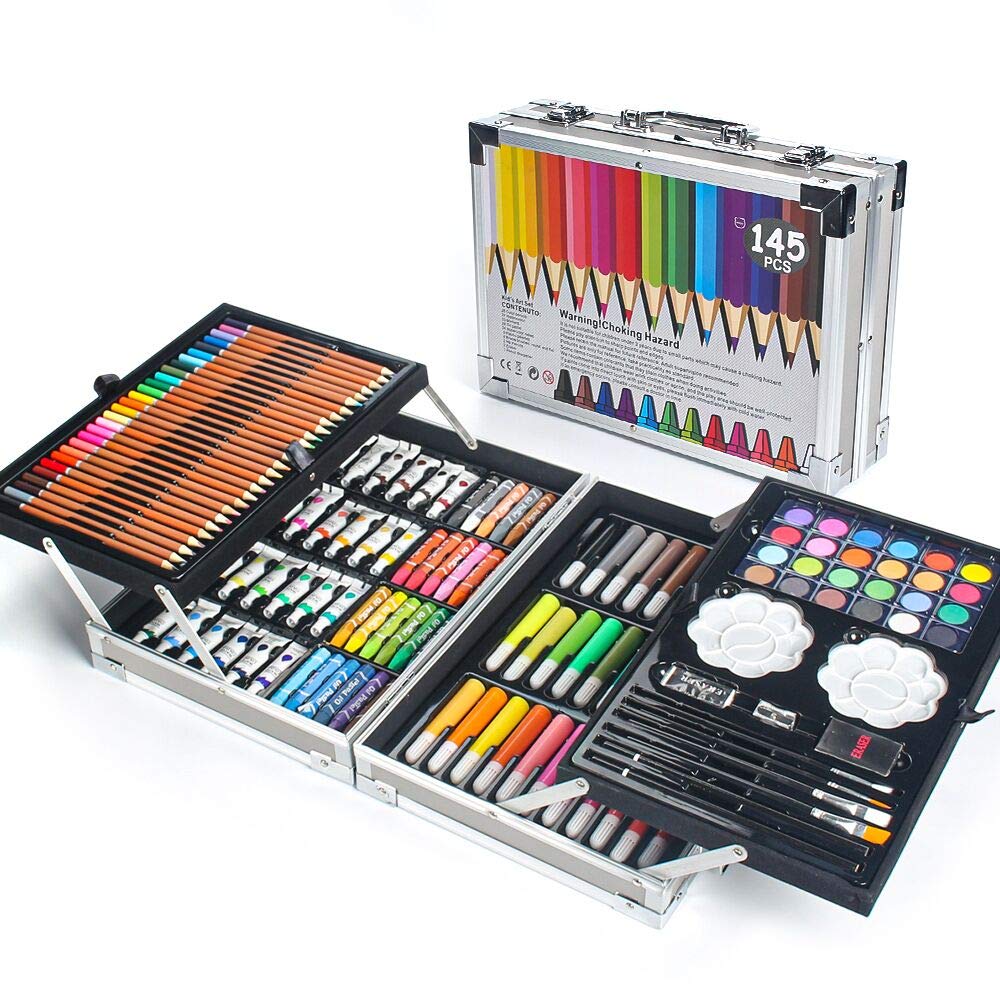 MIAOKE 145-piece art set, painting set, Deluxe Mega Aluminum Box & Art Kit with colored pencils, markers, acrylic paints, wax crayons, HB pencils, watercolor cakes, brushes, 18-sheet sketchpad.