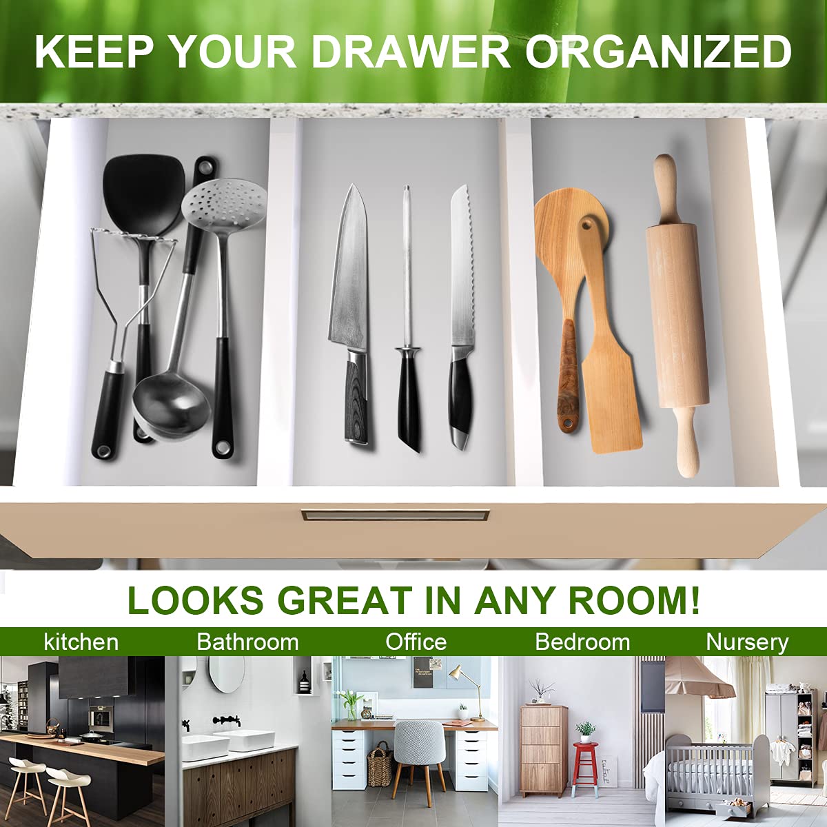 ANTOWIN Drawer Divider Adjustable Bamboo (43-56 cm), Drawer Organizer, Spring-loaded, Kitchen, Dresser, Bathroom, Bedroom, Baby Drawer, Desk Organization System (White)