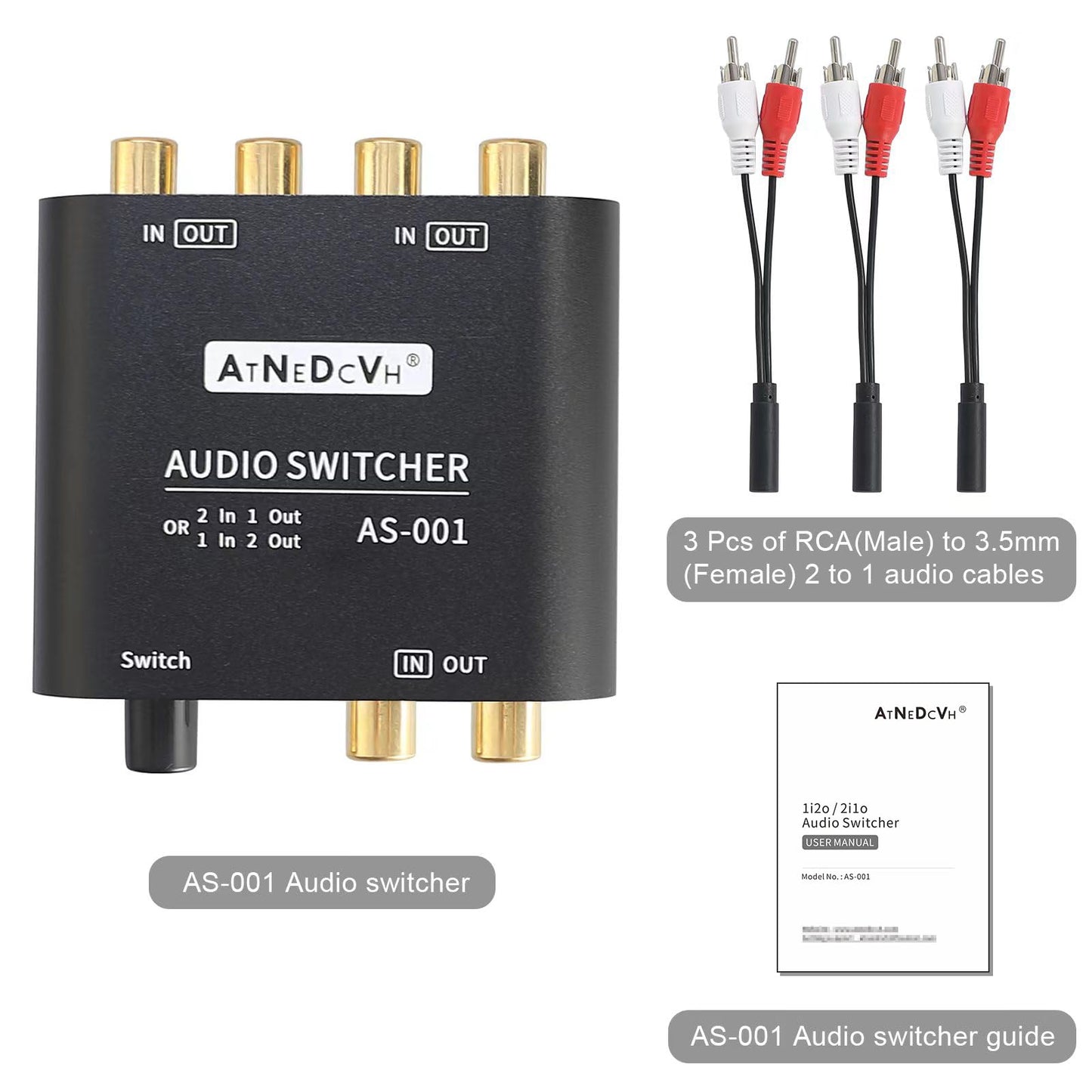 AtNeDcVh 2 Ports 1 Input 2 Output / 2 Input 1 Output bidirectional Audio Switch compatible with RCA 3.5mm connectors, 2-way Stereo K L/R Speaker Headphone Audio Selector Splitter Box