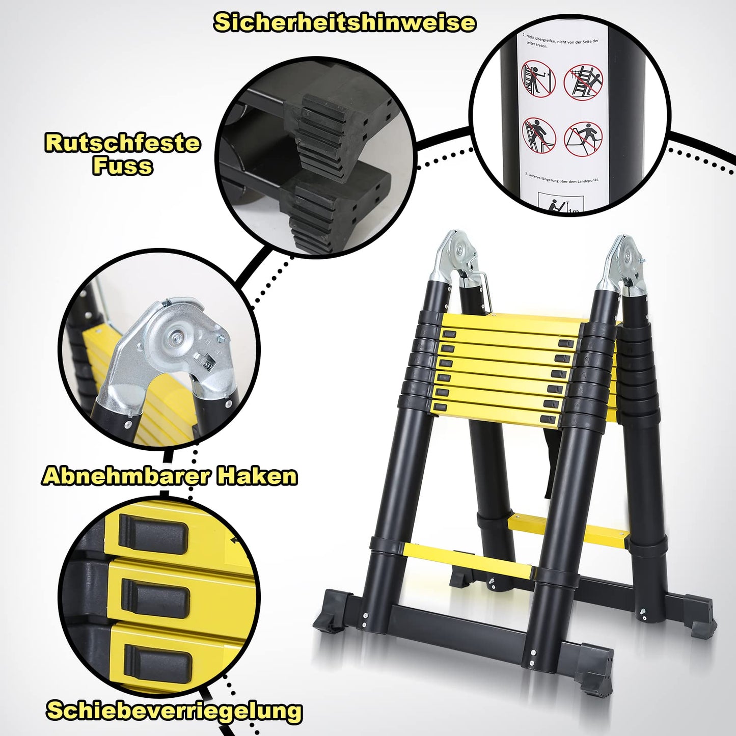 Ansobea Telescopic Ladder 5m Multipurpose Extendable Aluminum Ladder Maximum load capacity of 150kg Home DIY Folding Ladder, Yellow