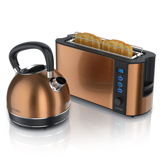 Arendo - Copper-look kettle with toaster SET - Electric kettle max 2200W, limescale filter, 1.7 liters, 2-slice long slot toaster with bun attachment, breakfast set