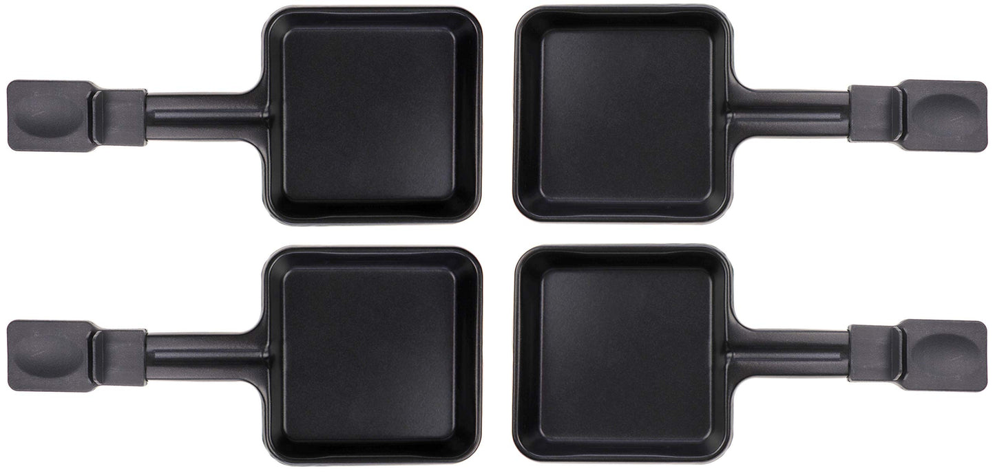 4x Raclette Pans 23178 10x10cm, Extra Long Handle, Universal for Raclettes (dimensions in the text)