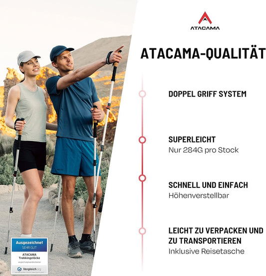 ATACAMA telescopic aluminum hiking poles - Nordic walking poles for men and women - Adjustable rubber tips - Lightweight trekking poles adjustable hiking poles.