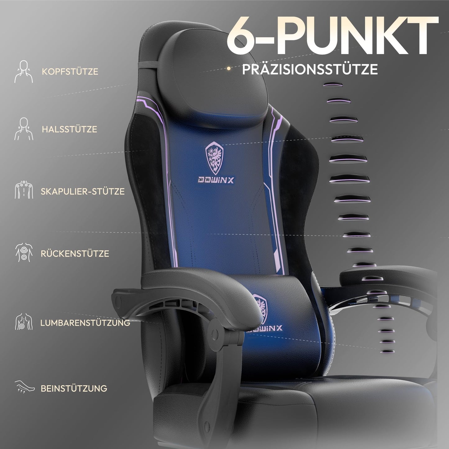 Dowinx Gaming Chair, Ergonomic PU Leather Gamer Chair with Lumbar Support, PC Chair with Widened Backrest, Supports up to 150 kg, Purple