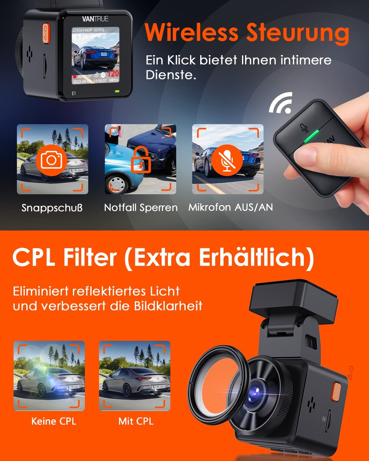 VANTRUE E1 2.7K Dashcam Mini Car WiFi GPS, 2.5K 1440P/60FPS Dash Cam Remote Voice Control, 24Hr Parking Mode, HDR Super Night Vision, 1.54 Inch 160° Hidden Car Camera, max. 512GB