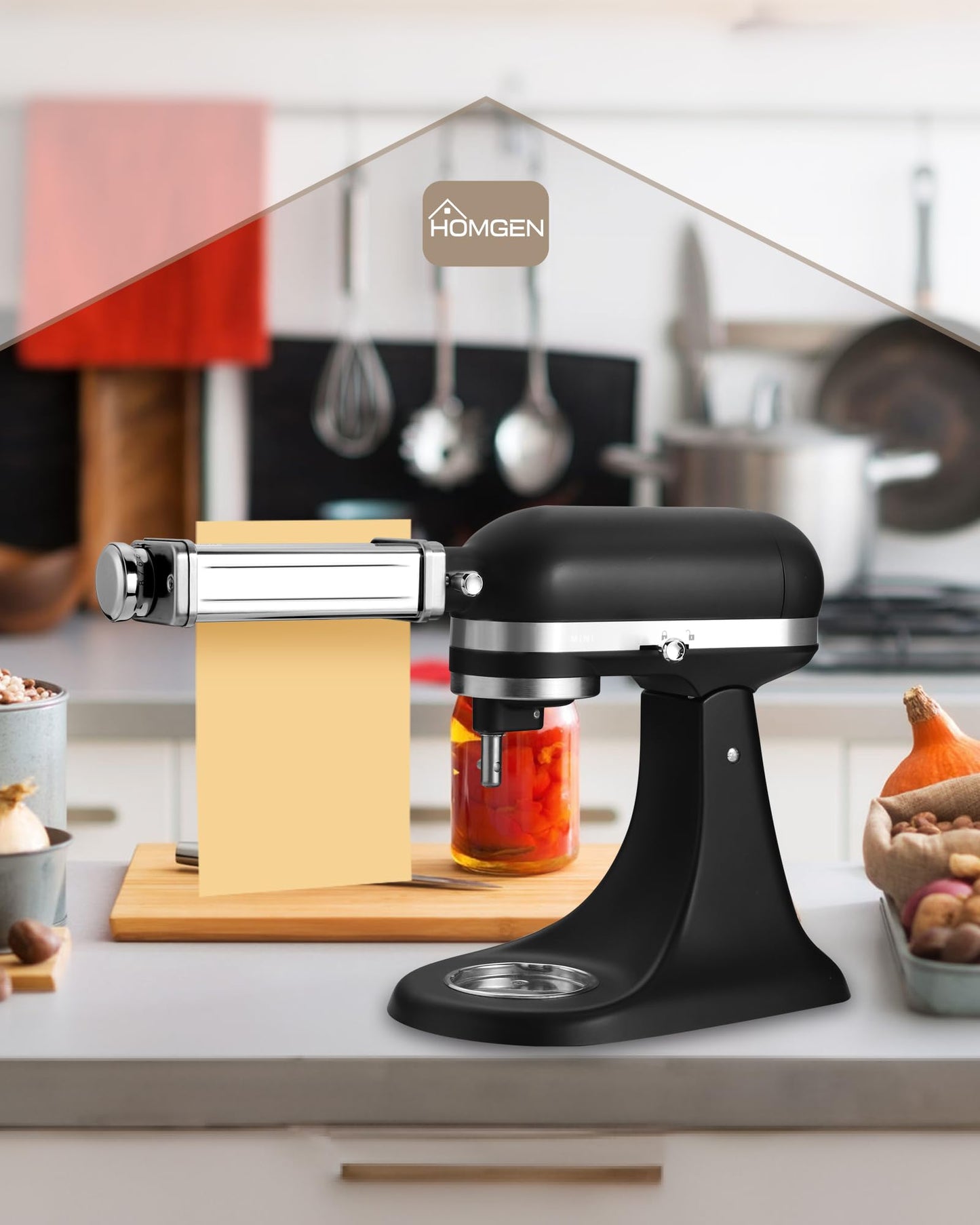 HOMGEN Pasta Attachment Set for KitchenAid stand mixers, including pasta sheet roller, spaghetti cutter & fettuccine cutter. Stainless steel pasta roller accessory with 8 adjustable speeds, 3 parts.