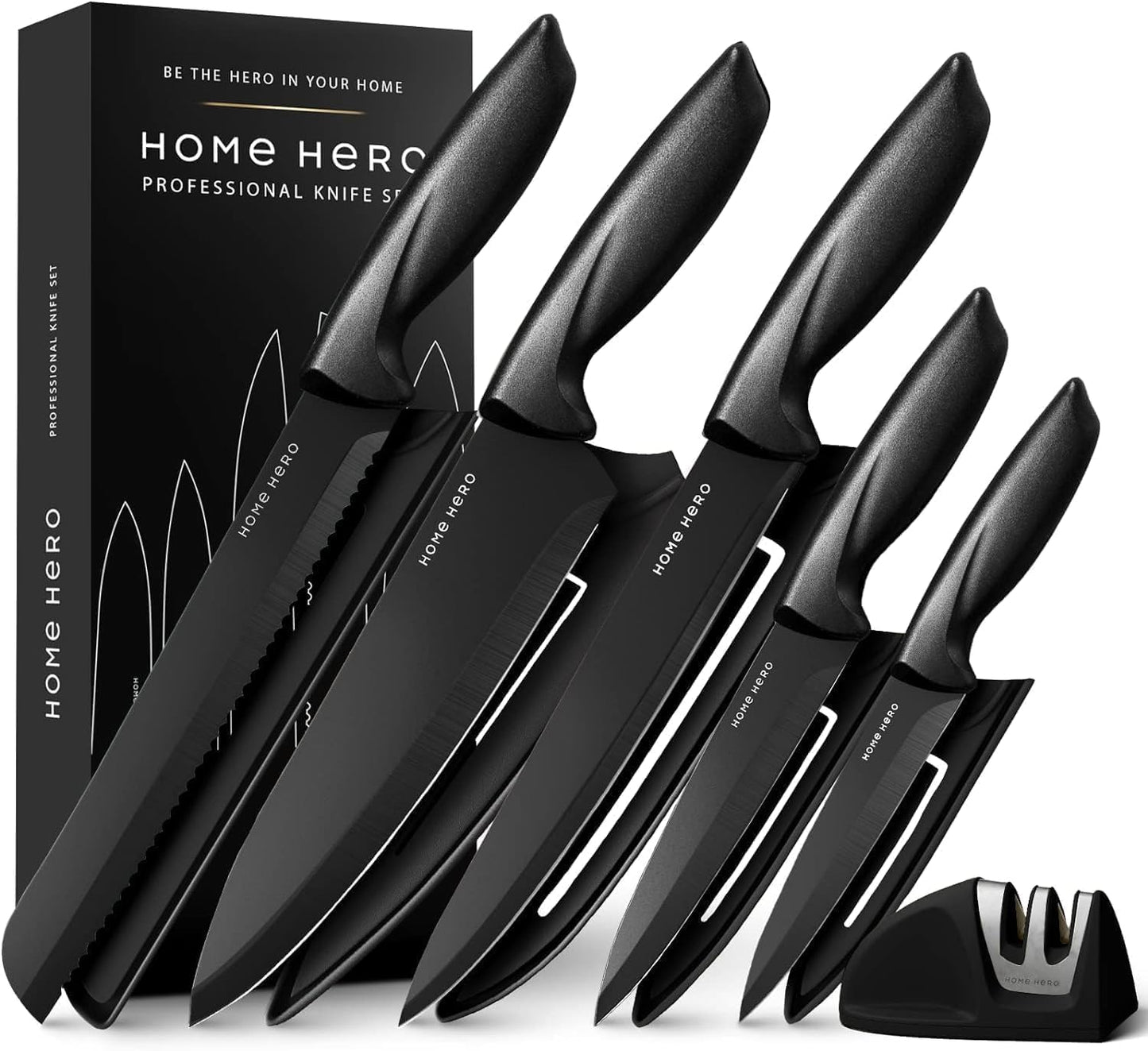 Home Hero Knife Set with Knife Sharpener - Sharp Kitchen Knife Set - Knife Block Chef Knife Set Stainless Steel Knife Set (11 Pieces with Sheath - Black)