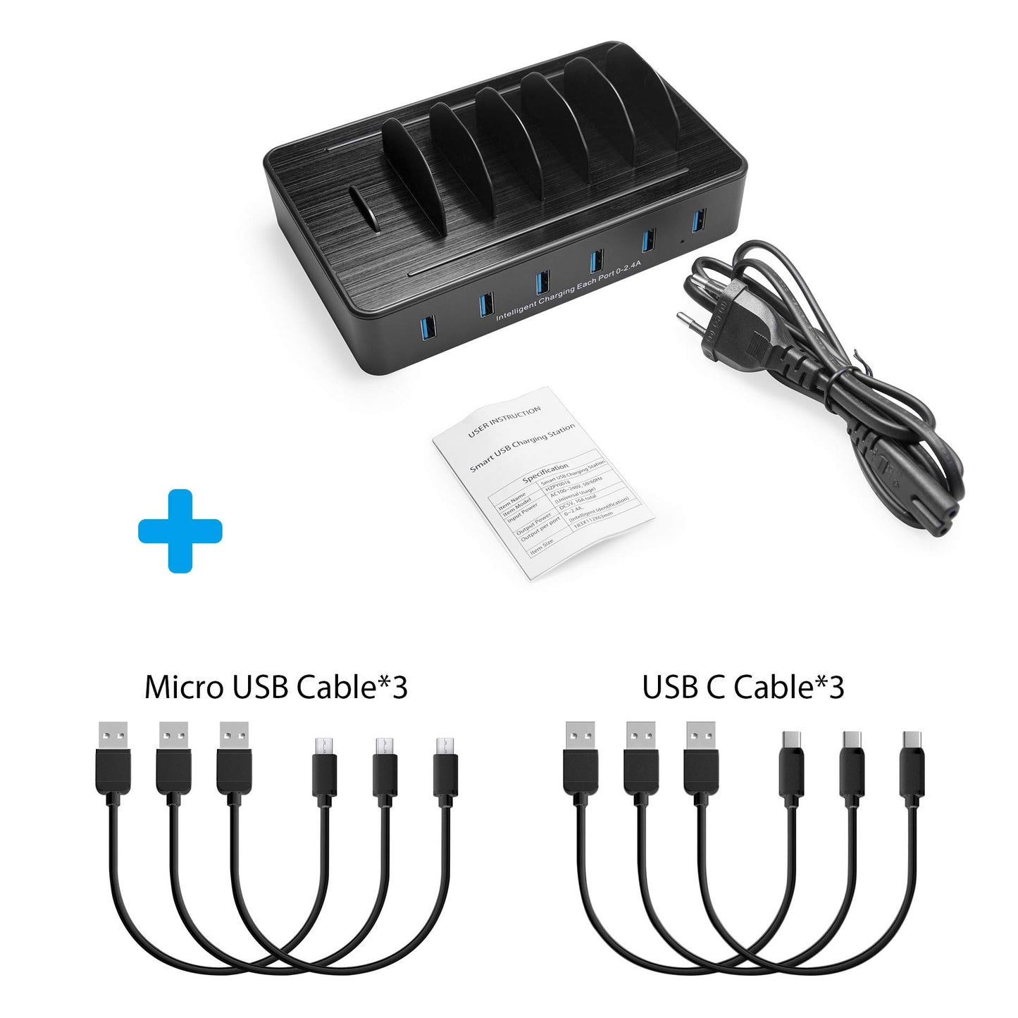 TechDot Mobile USB Charging Station Charging Station Multiple Devices 6 Port USB Multi Charging Station for Mobile Phones Smartphones Tablets (with 3 Micro USB Cables and 3 USB C Cables, Black)