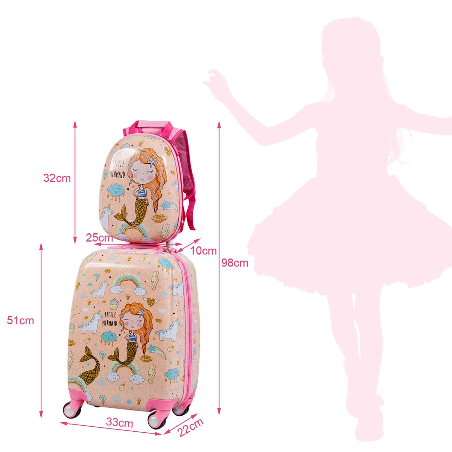 COSTWAY 2pc Kids Luggage Set, Plastic Kids Trolley + Backpack, Children's Suitcase, Kids Travel Luggage, Hard Shell Suitcase for Boys and Girls (Mermaids, 12"+18")