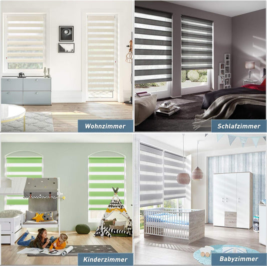 Zarnan Double Roller Blind Clamp Fix without drilling Green-grey-white 40x140cm (fabric width 36cm) Duo Roller Blind opaque Zebra Roller Blinds for windows without drilling for living room kitchen office translucent