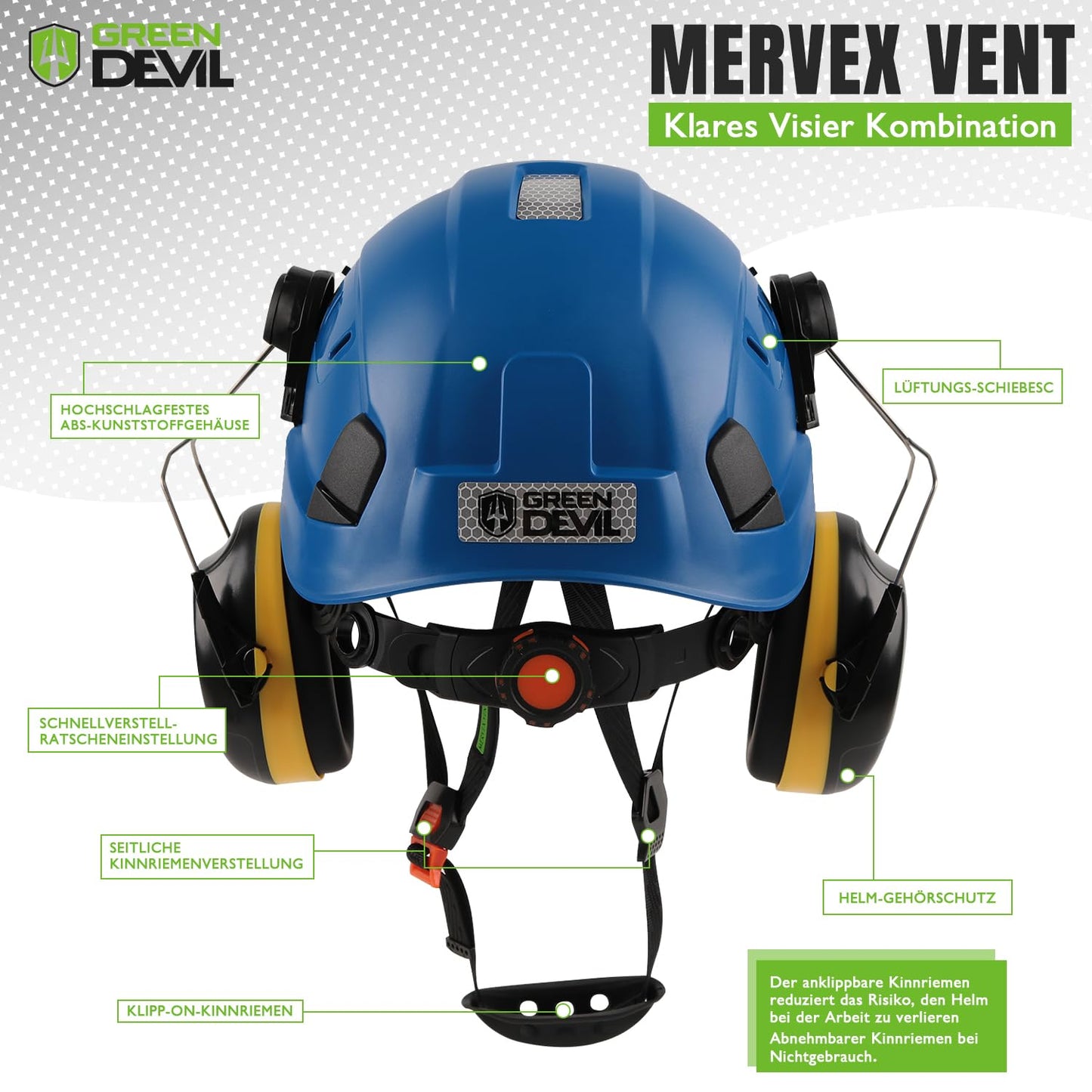 GREEN DEVIL 3-in-1 Forestry Helmet Safety Helmet Construction Helmetcomplying with EN397, High-strength ABS structure helmet, with visor and ear protection ear muffs, stable 6-point attachment