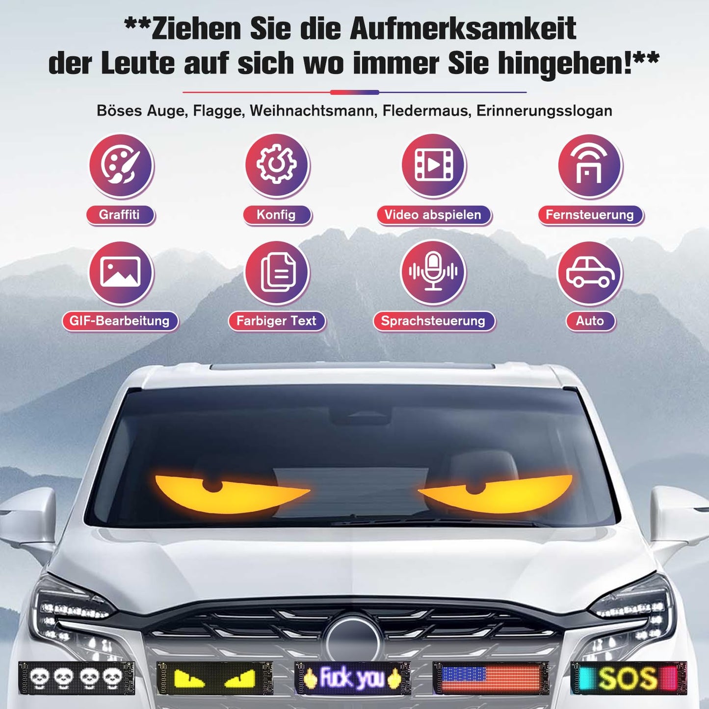 2 LED eyes for truck car (10*35cm), Devil Eyes Light for Cars, Devil Eyes Light Dynamic Programmable Personalized Eye Light Signs, with APP control and remote control Bluetooth USB 5V