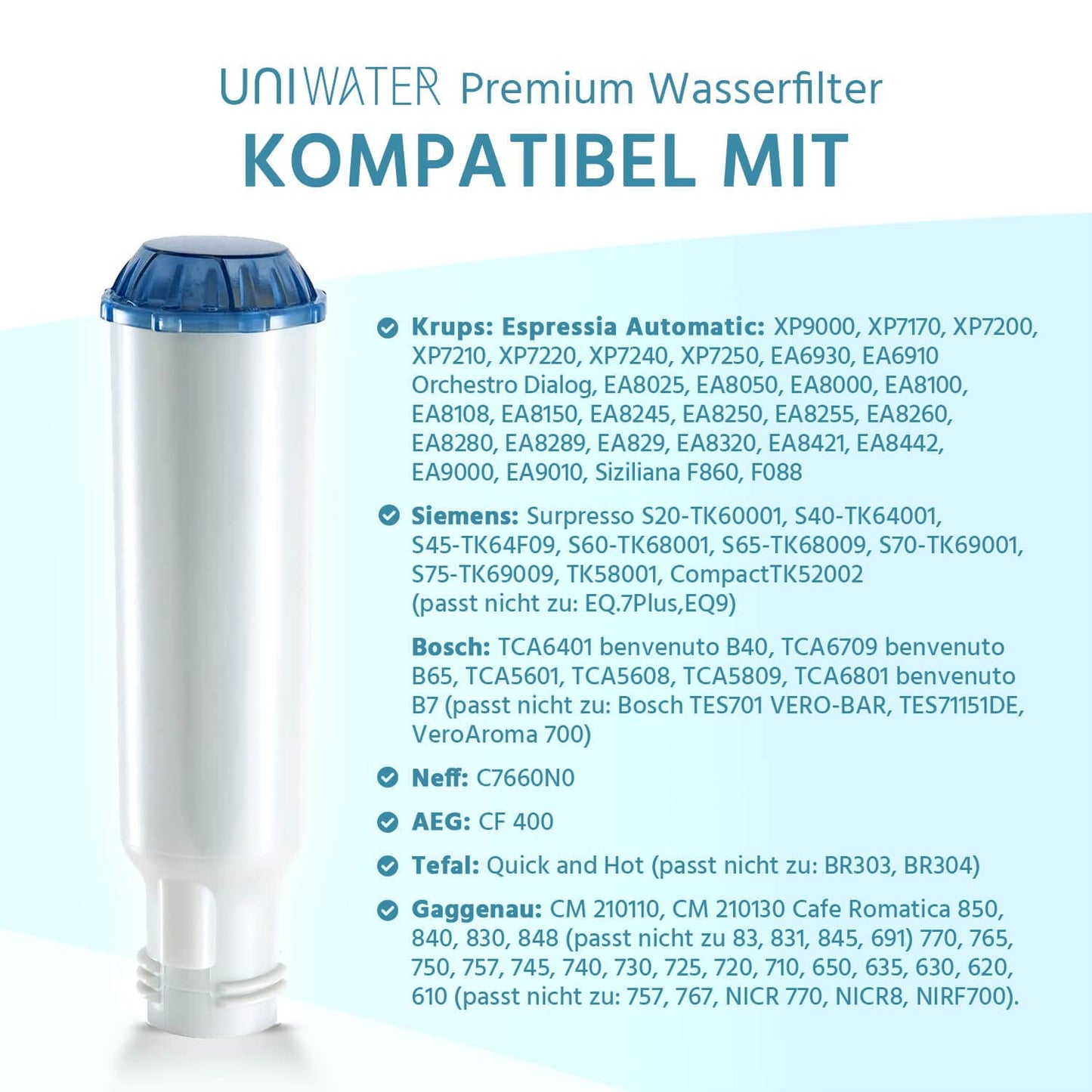 UNIWATER 5 water filter for Krups, Siemens, Bosch, AEG, Tefal, Neff, Gaggenau, WMF coffee machines | Screw-in filter cartridges