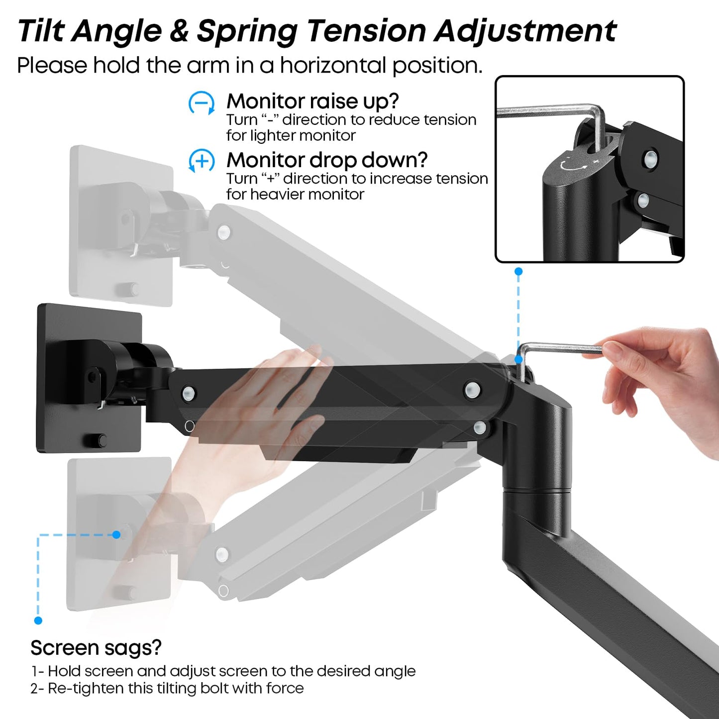 Monitor Mount 1 Monitor For 17-49 Inch Flat & Curved Screen, Sturdy Gas Spring Monitor Mount Adjustable Height with Tilts, Increased Load Capacity of 2~20kg, VESA 75x75/100x100