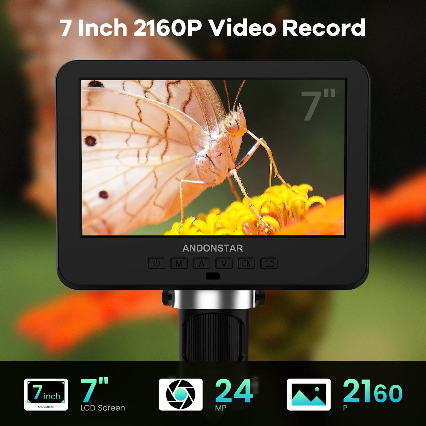 Andonstar AD246S-P HDMI digital microscope with 7-inch screen, 4000 x 2160P UHD video recording, 3 lens for coin errors, biological microscope kit for adults.