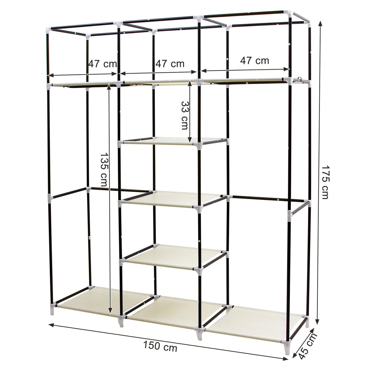 SONGMICS wardrobe, foldable fabric closet with 2 clothes rails, 175 x 150 x 45 cm, Beige RYG12M