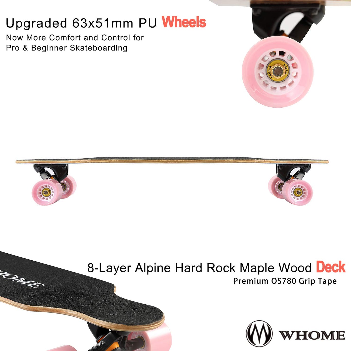 WHOME Longboards - 31 inch Small Longboard Cruising Skateboard - for adults/children girls/boys beginners/professionals including T-Tool (Deer Bird)