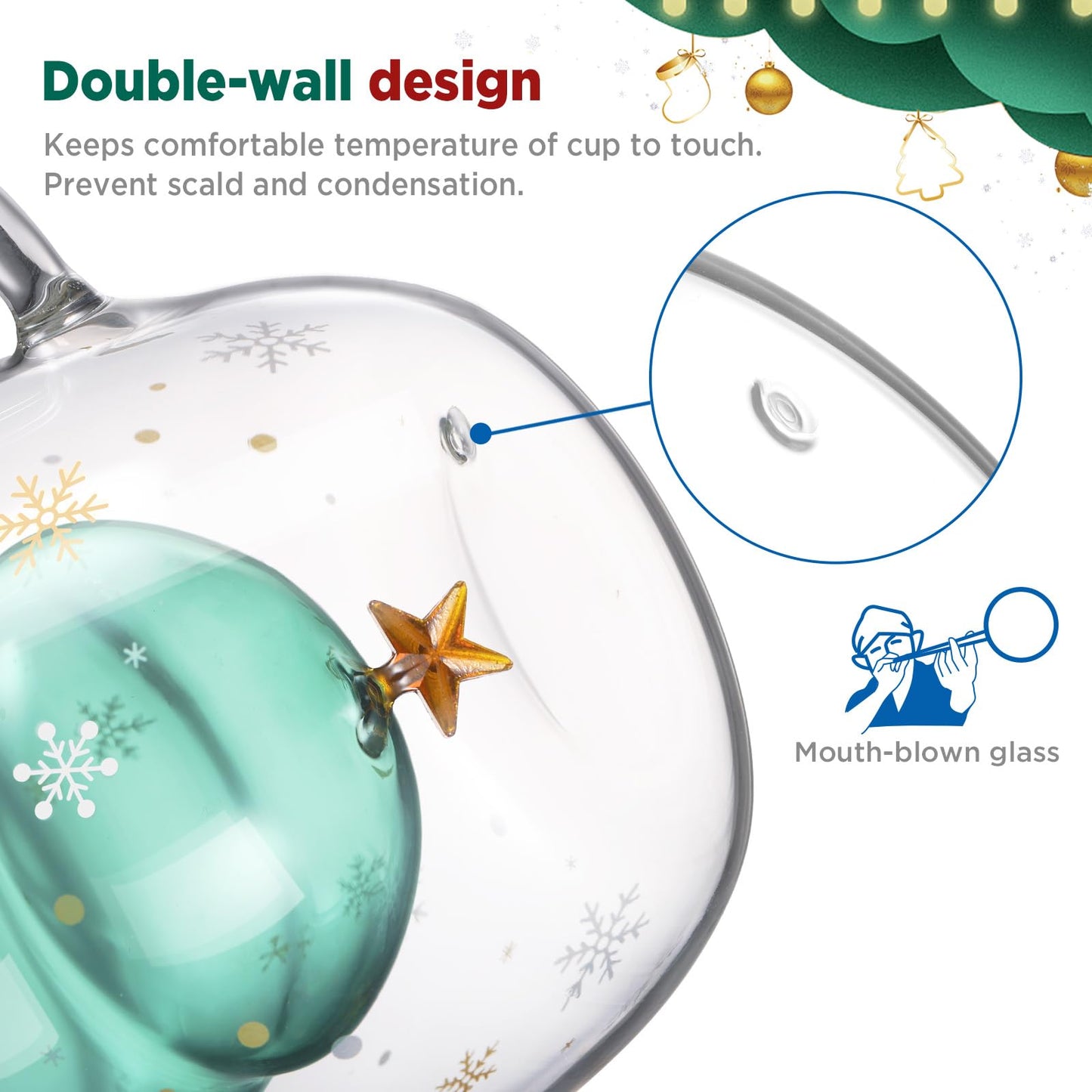 Set of two Sweet Christmas tree double-walled Latte Macchiato glasses 270ml coffee cup Christmas mug with Christmas tree tea strainer tea glasses for milk, iced, Christmas gifts gifts for women and children.