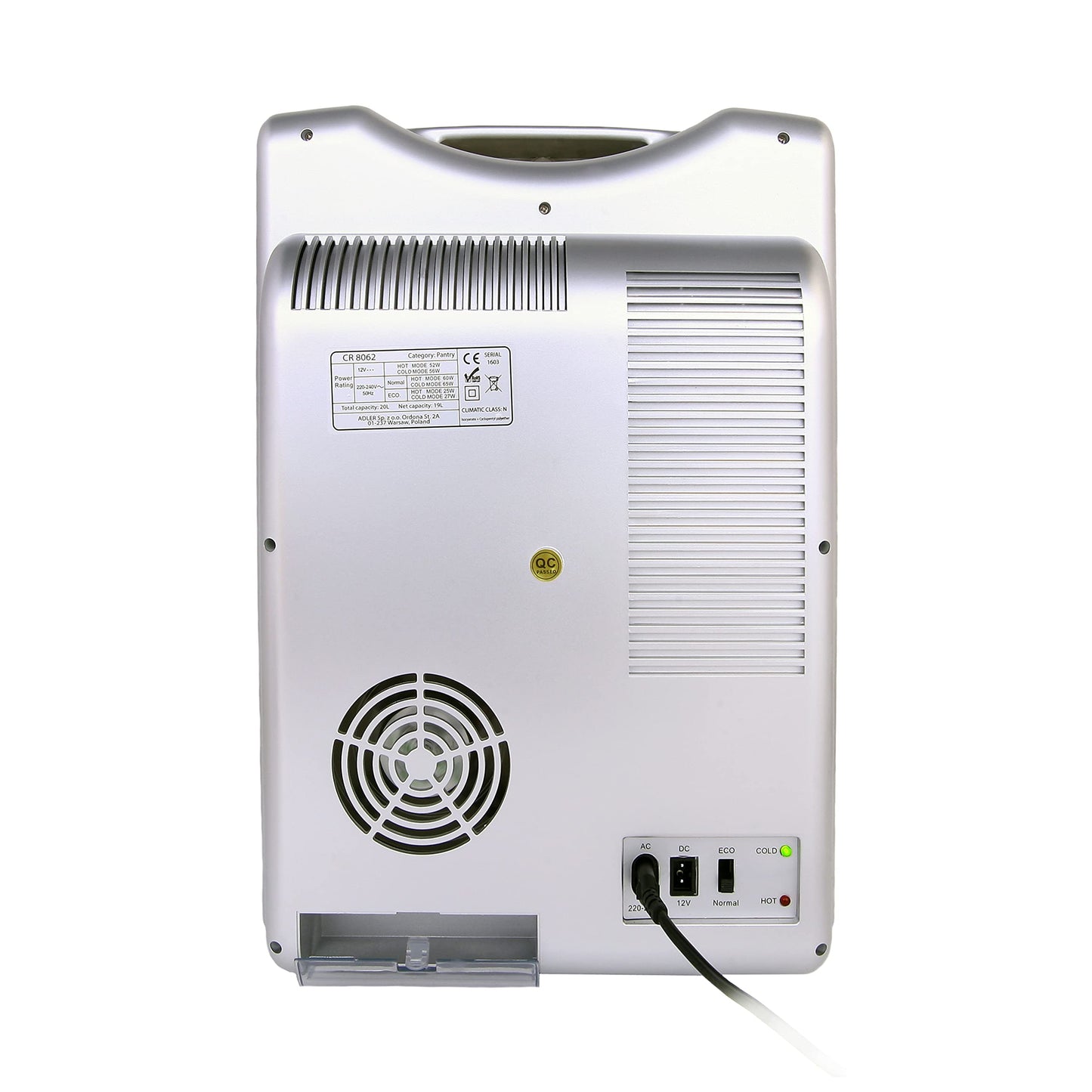 JUNG Mini Fridge CR8062 20L, cooling and heating function, 2 connectors, LCD display, silver.