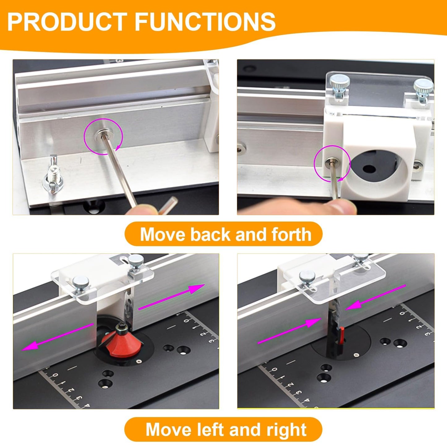 Set of 3 router table insert plates made of aluminum alloy. Includes router table insert plate for routers, silver engraving aid tool, and miter gauge.