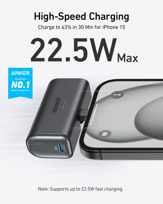 Anchor Nano Powerbank, 5000mAh Powerbank 22.5W, Integrated Foldable USB-C Connector, Compatible with iPhone 17/16/15, Samsung S22/23 Series, Note20 Series, Huawei, iPad Pro/Air, AirPods, and more.