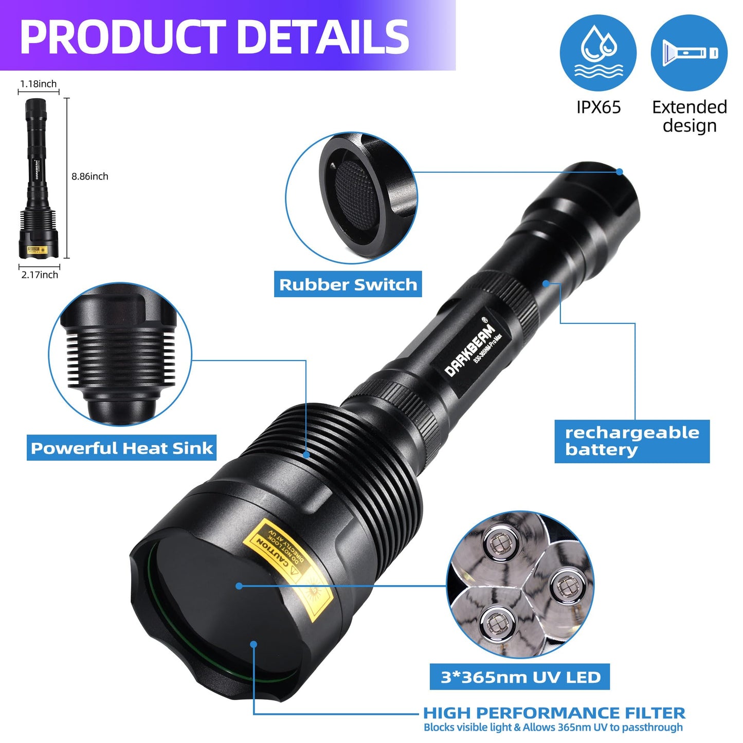 DARKBEAM UV Flashlight 365nm Ultraviolet Blacklight, LED light portable wood lamp, 36W powerful blacklight for detecting animal urine, leaks, minerals, uranium glass with 2 batteries, B30