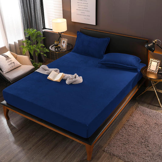 Boqingzhu Plush Fitted Sheet 160x200cm Dark Blue Fleece Flannel Cashmere Touch Fitted Sheet Winter Cozy Bed Sheet for 25 to 30cm Mattress.