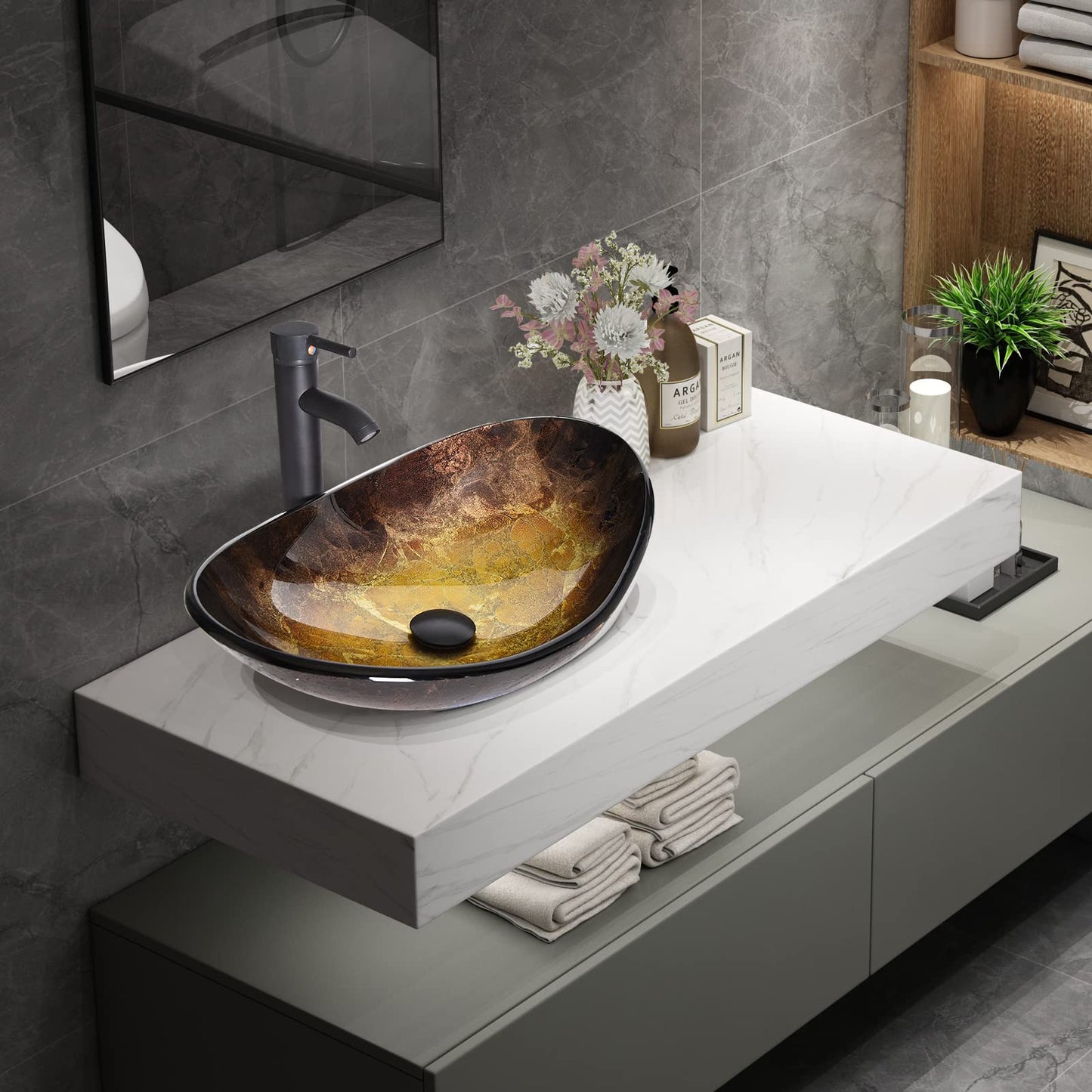 ARTETHYS glass basin, oval hand wash bowl with faucet set, countertop basin for bathroom guest WC, modern gold.