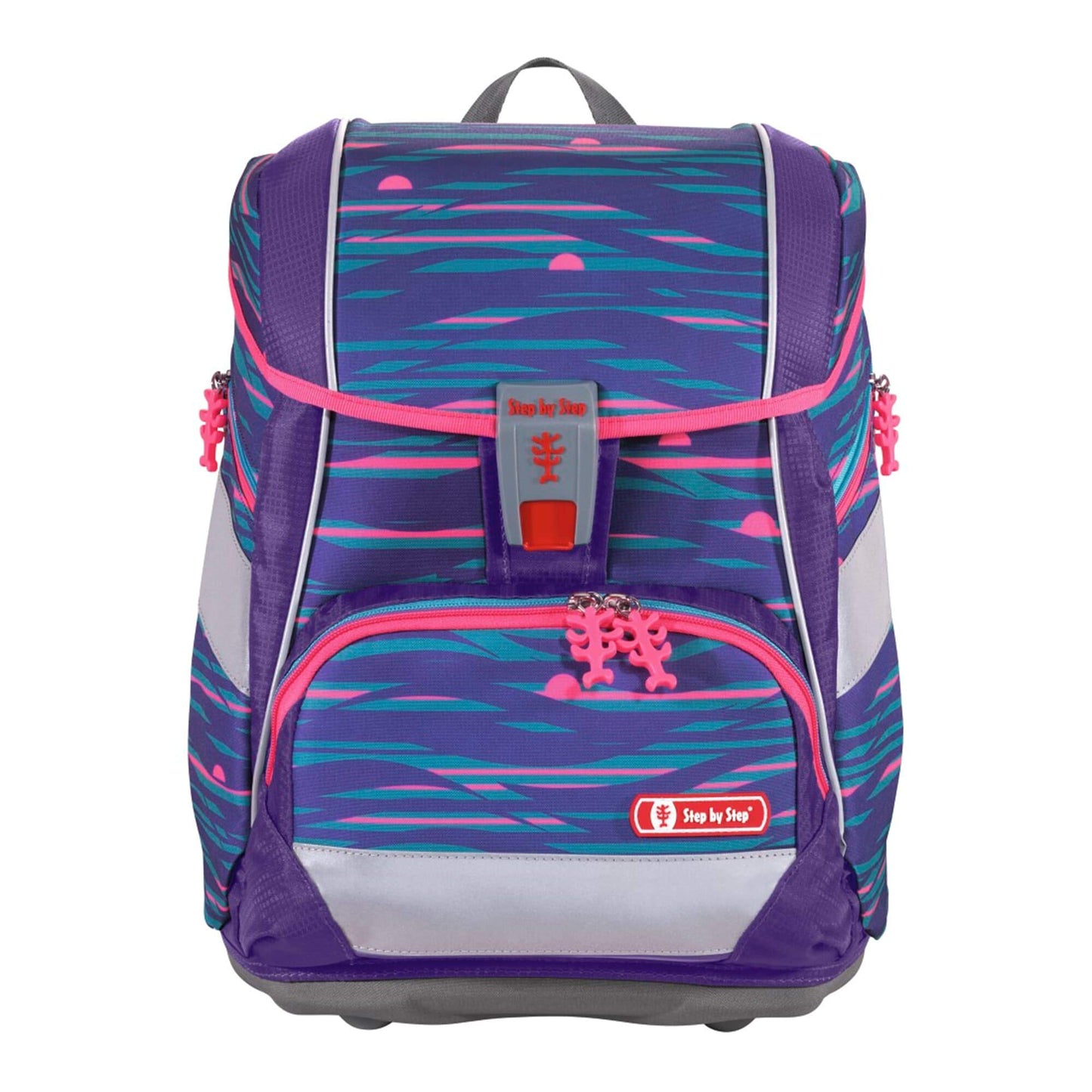 Step by Step School Bag Set 2IN1 Plus Reflect "Shiny Dolphins" 6-piece, purple-blue, dolphin design, ergonomic backpack with reflectors, adjustable height with hip belt for 1st grade girls, 19L.