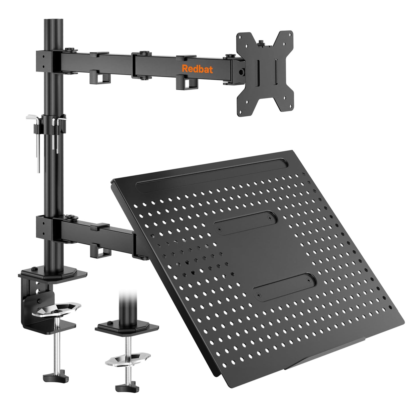 Redbat Monitor Arm with Laptop Tray, Dual Screens, Fully Adjustable for 13 to 32 inch LCD LED Monitor up to 8kg & Notebook up to 16 inch, Tilt, Swivel & Rotate, 2 Mounting Options