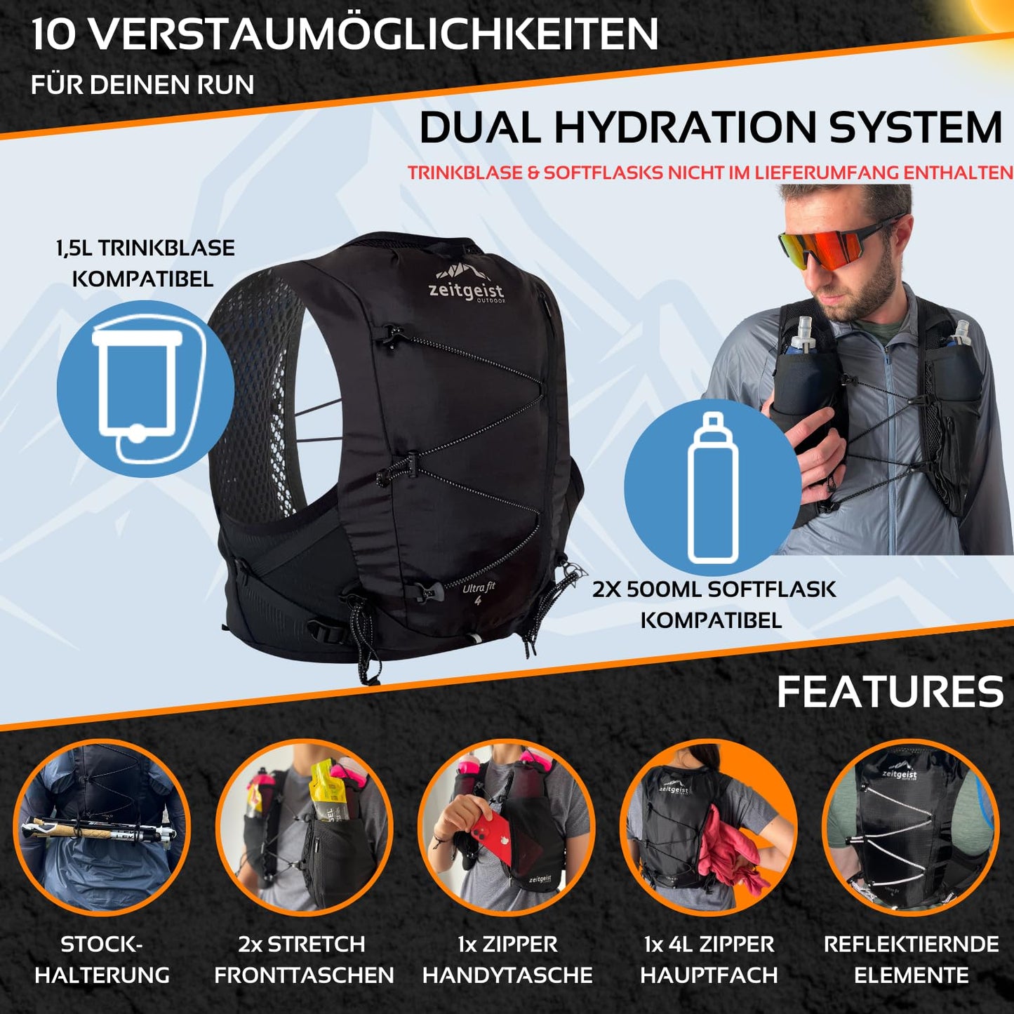 zeitgeist OUTDOOR® running vest for women and men 4L | optimal fit | breathable | ultra-light running backpack 210gr hydration pack running cycling backpack trail running backpack - (XS/S, black)
