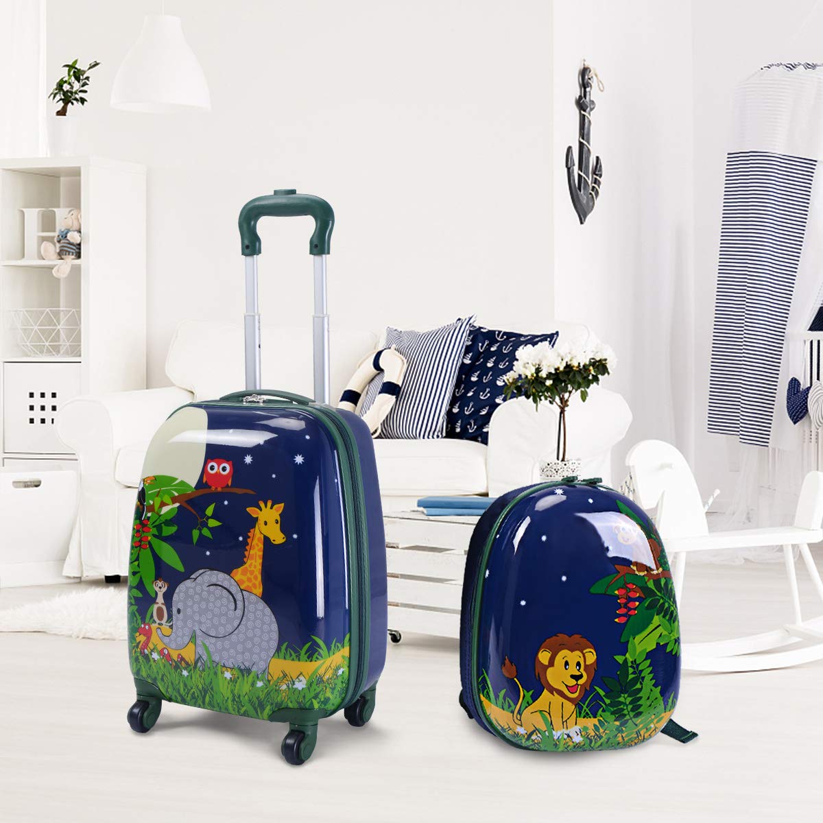 GOPLUS Kids Suitcase with Backpack, Kids Trolley, Children's Luggage with Wheels, Travel Suitcase with Telescopic Handle, Hard Shell Suitcase for Kids, Children's Trolley Color Choice (Elephant, 12"+16")
