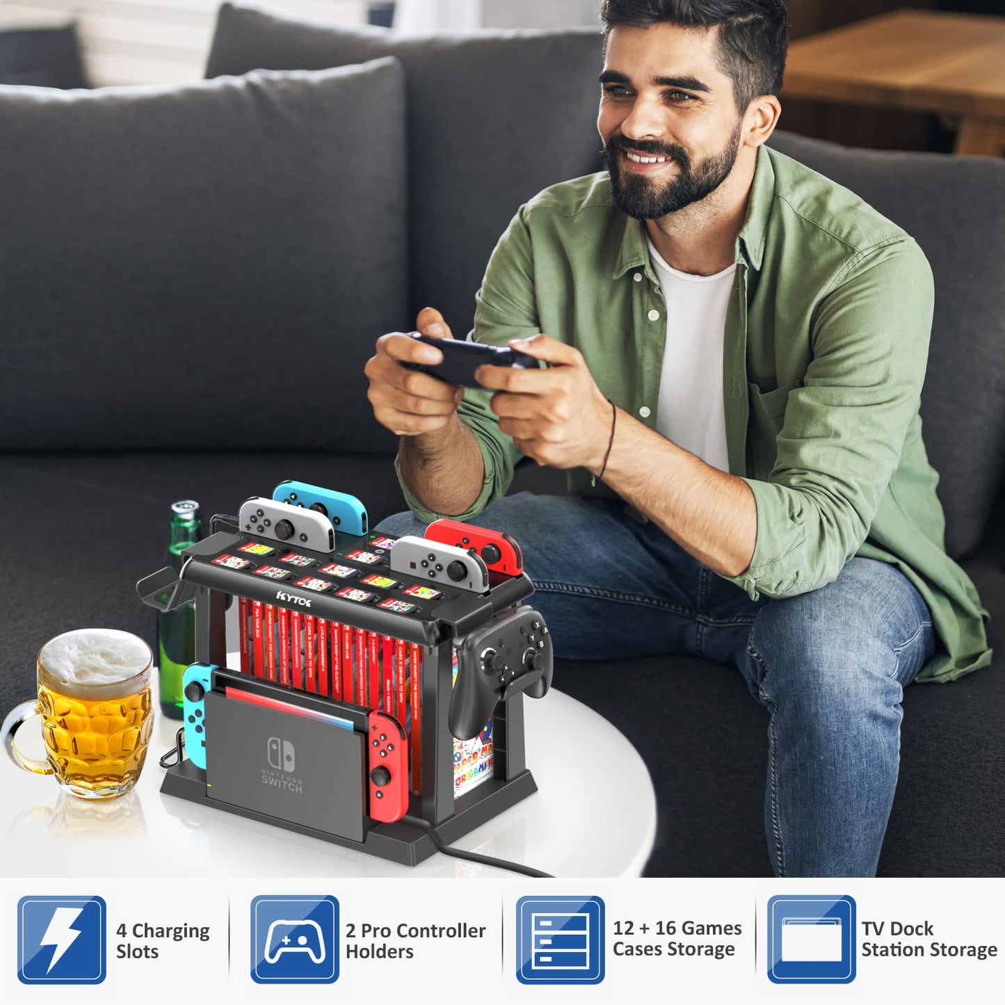 Kytok Switch game storage with Switch controller charging dock, suitable for Switch/OLED Joycons. Store Switch games, TV dock, Pro controller, and other Switch accessories.