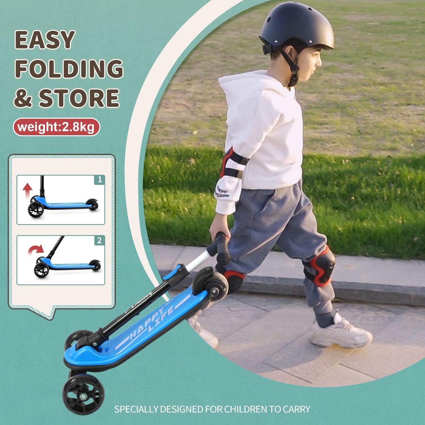 Besrey Kids Scooter, the safe three-wheel scooter with PU LED light-up wheels, foldable adjustable height, lightweight and can hold up to 50 kg, suitable for toddler boys and girls.