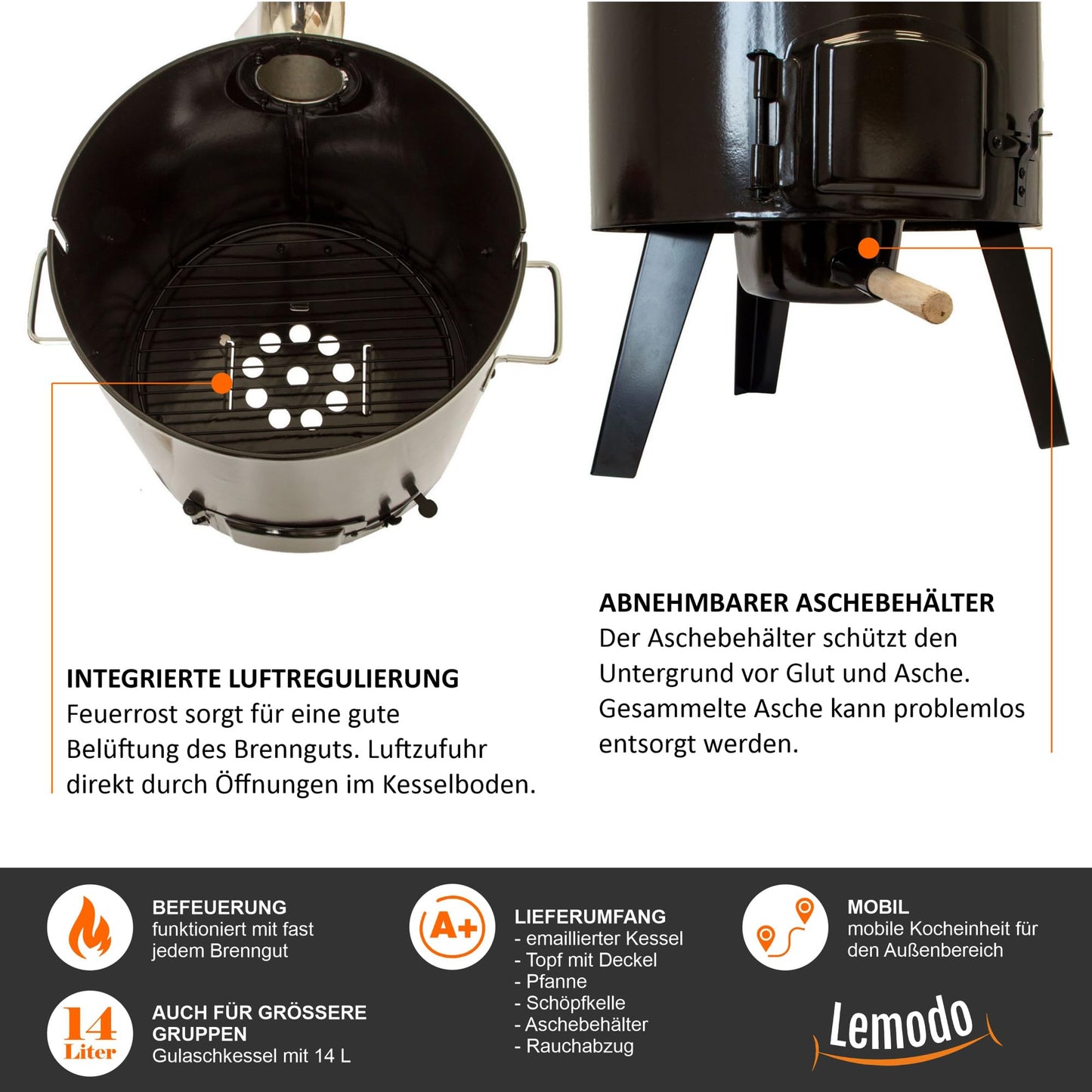 NATIVE Goulash cannon | Goulash kettle with 14 L | One-pot stove for cooking without electricity and gas | Rocket stove for crisis preparedness | Wood stove with extensive cooking accessories