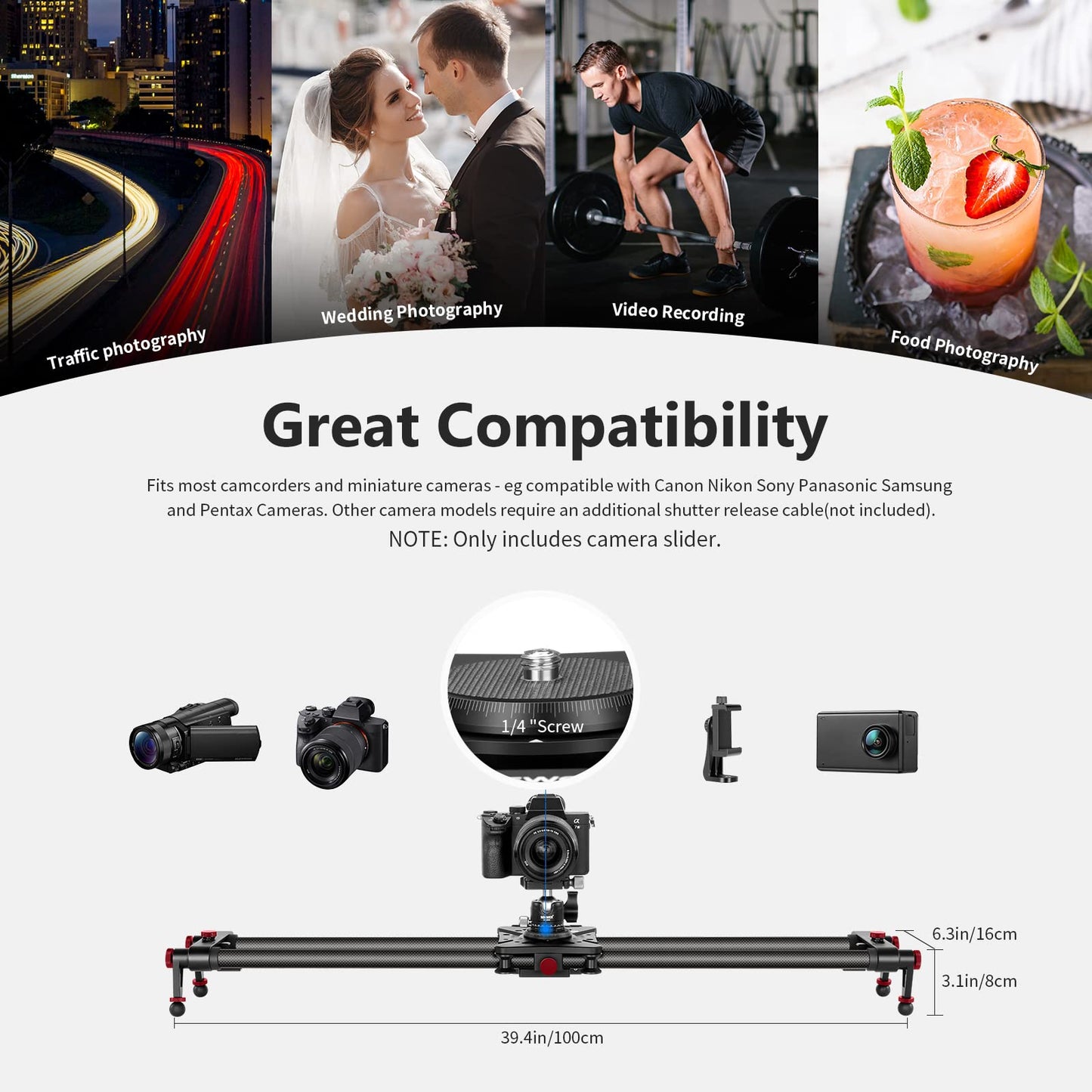 NEEWER 39.4”/100cm motorized camera slider, app remote control carbon fiber slider, supports video mode, time-lapse photography, horizontal, tracking, and 120° panorama shooting (ER1-100)
