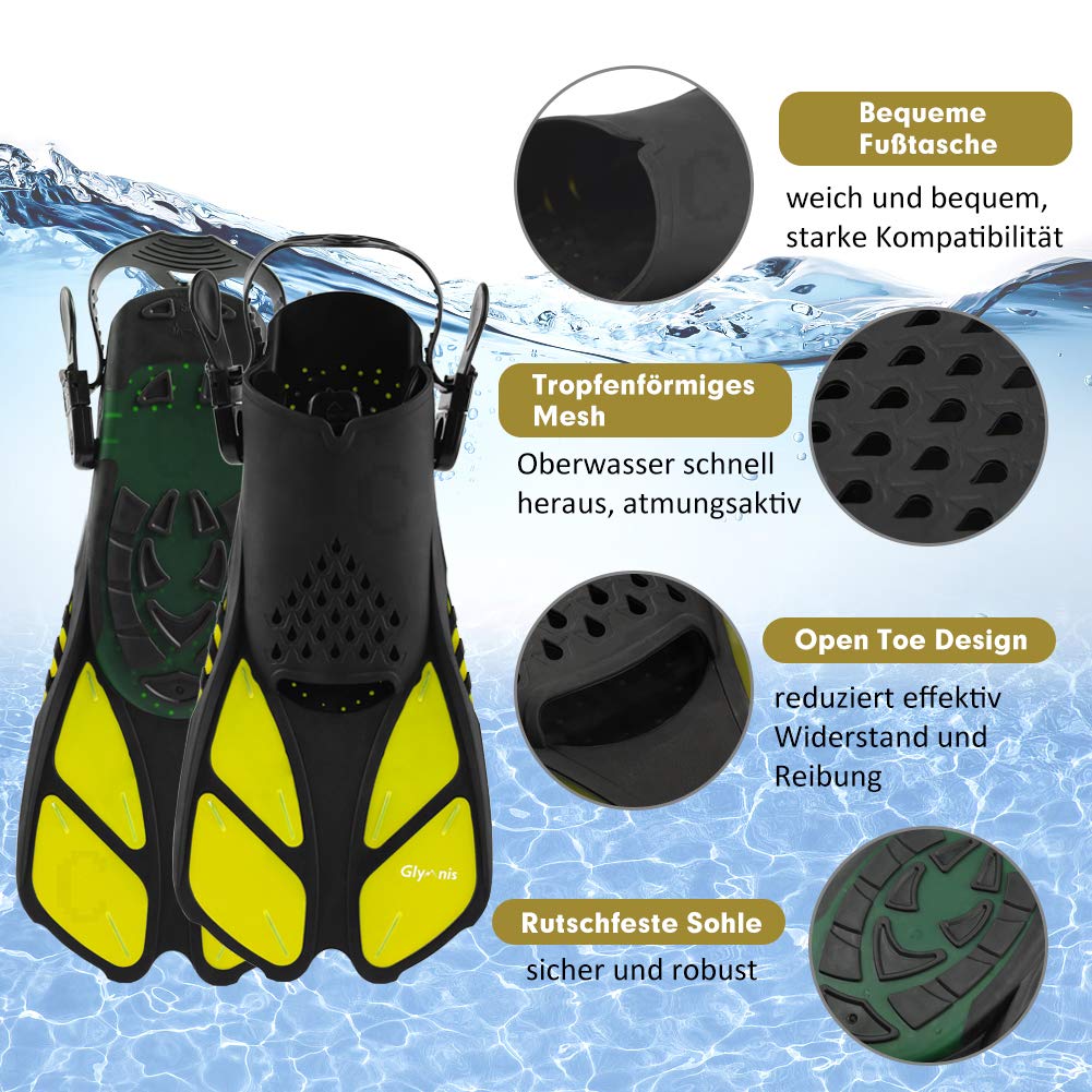 Glymnis Adjustable Swim Fins for Adults and Kids, Short Diving Fins for Diving Swimming Snorkeling (Black/Yellow, S/MD)