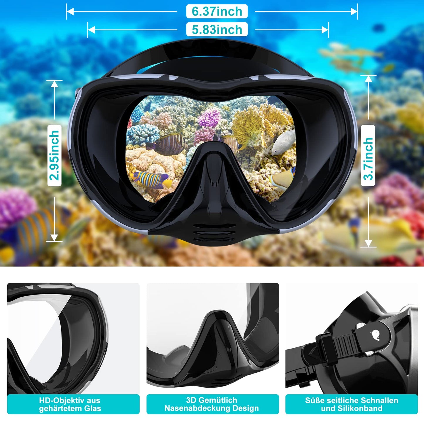 Adult Diving Mask Snorkel Set 180° Panoramic View Leak-proof Anti-leak Swimming Goggles for Diving (Silver-Black-with Snorkel)