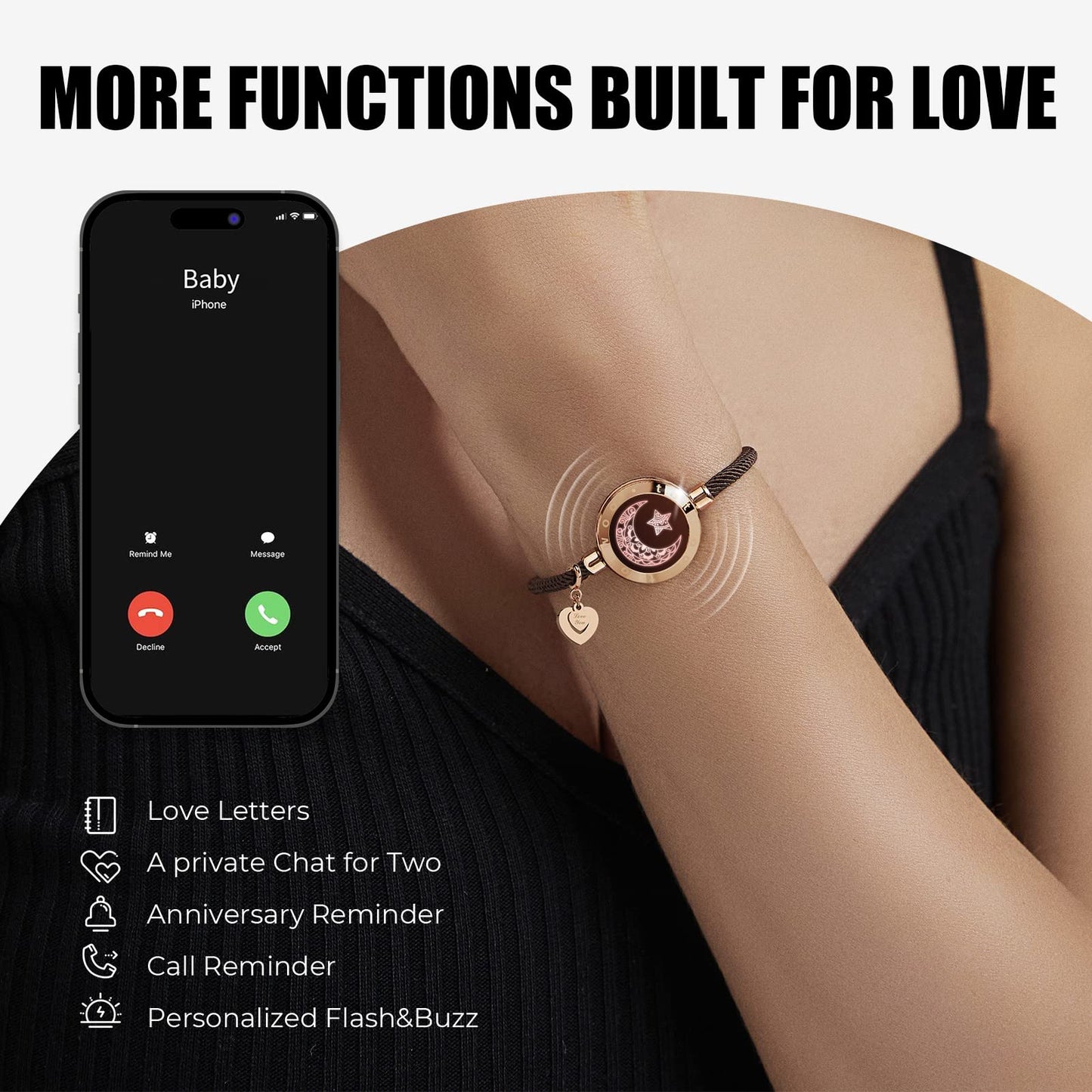 TOTWOO Couple Bracelet Couple Gifts Partner Bracelets with Touch Long Distance Relationship Gift Love Vibration & Glowing Bluetooth Pairing Jewelry, Black+Golden
