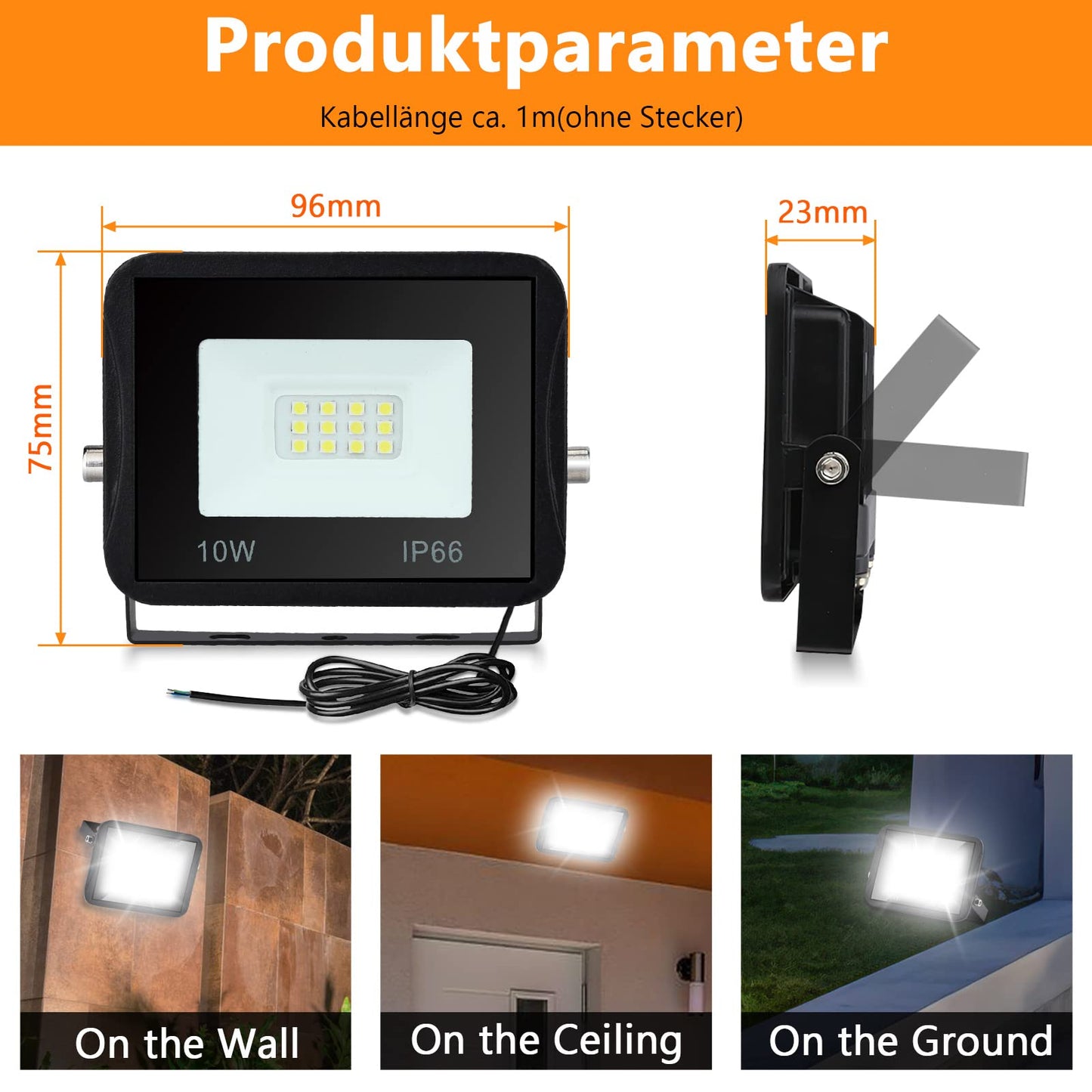 Izrielar 4pcs 10W LED Floodlights Outdoor, 900LM LED Outdoor Floodlight Spotlight IP66 3000K Warm White Floodlights Outdoor Lighting Wall Lights for Gardens, Sports fields, Courtyards, Garages, Hotels, Driveways.
