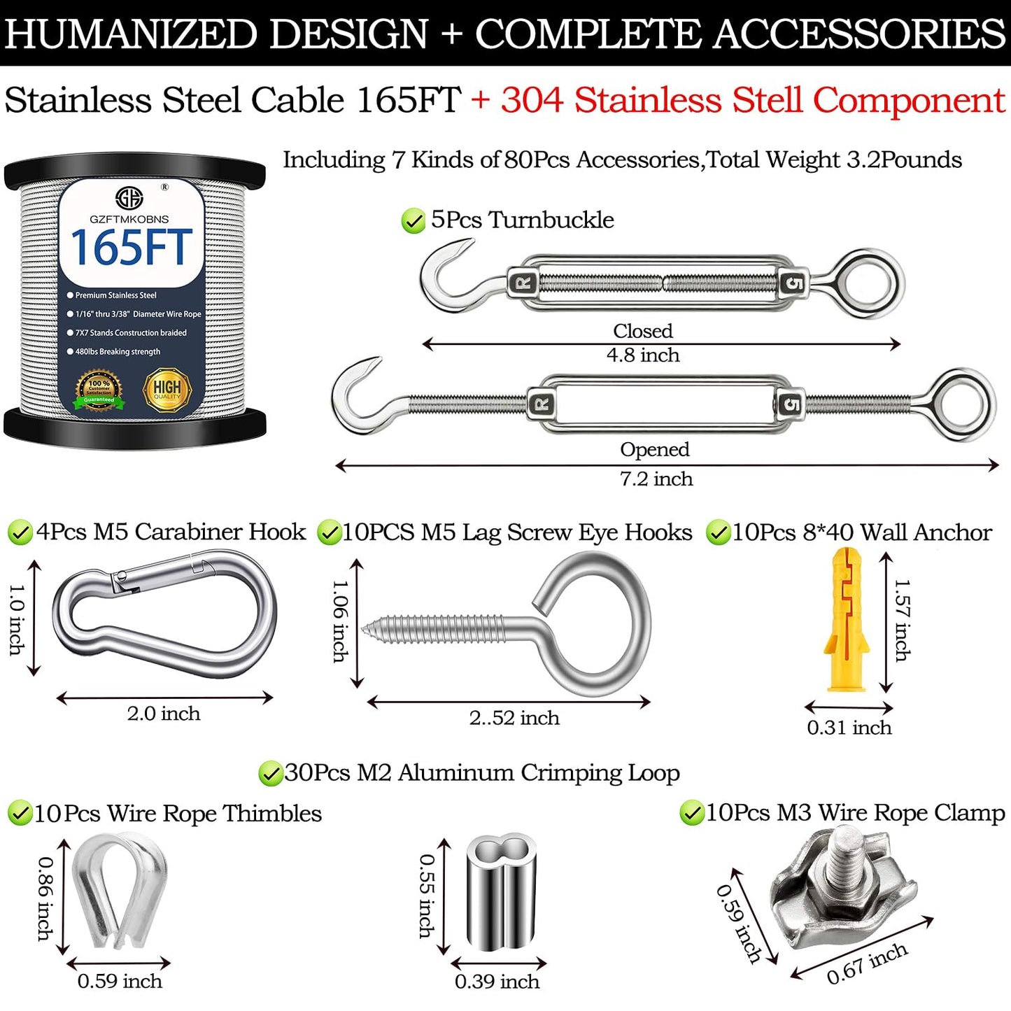 50m steel cable 2mm, 304 stainless steel cable 2mm, wire rope 2mm, M2 wire rope clamp with M5 wire rope tensioner for stainless steel cable system, stainless steel tensioning cable for outdoor use.