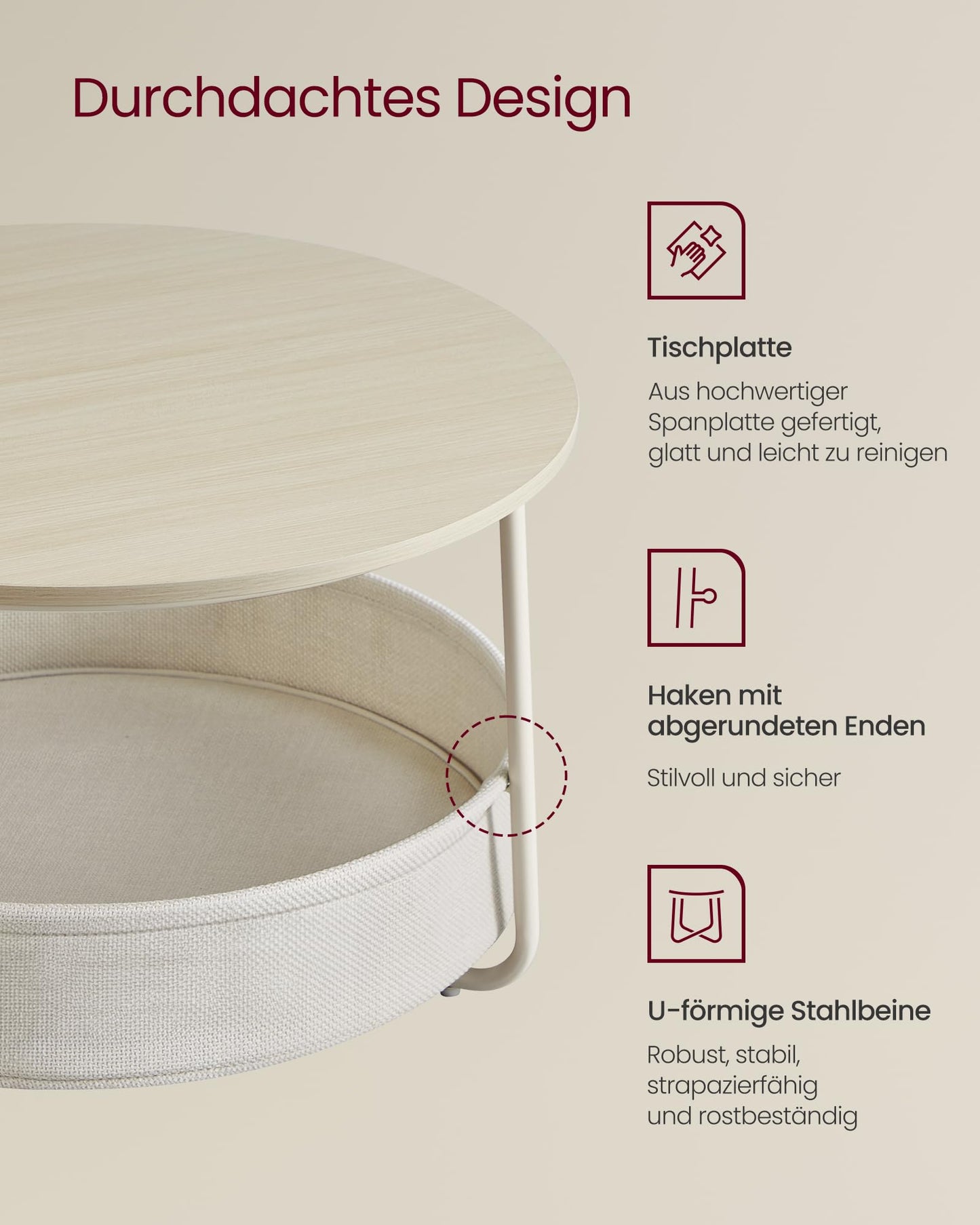 VASAGLE round coffee table with storage, side table, living room table with fabric basket, modern, metal frame, natural beige-cream LCT244K01