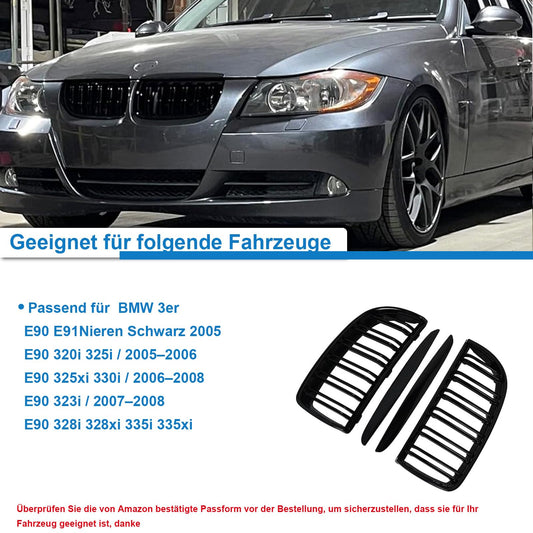 Gangying E90 kidney grills in black for BMW 3 series E90 E91 2005-2008. Gloss black, double slat, sport style grills for E90 sedan and E91 touring.