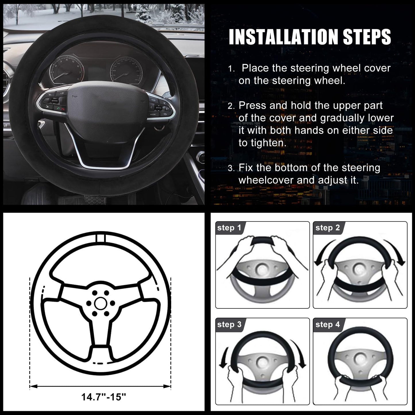 Opaltool Heated Steering Wheel Cover, Universal 12V Car Steering Wheel Heater with Spring Wire for 14.5 in-15 in Steering Wheel, Car Steering Wheel Warmer Winter for Most Cars SUVs Trucks Vans (Black)