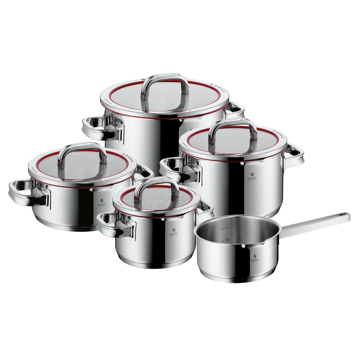 WMF Function 4 Cookware Set Induction 5-piece, glass lids with 4 pouring functions, Cromargan stainless steel polished, Induction Pots Set, interior scaling