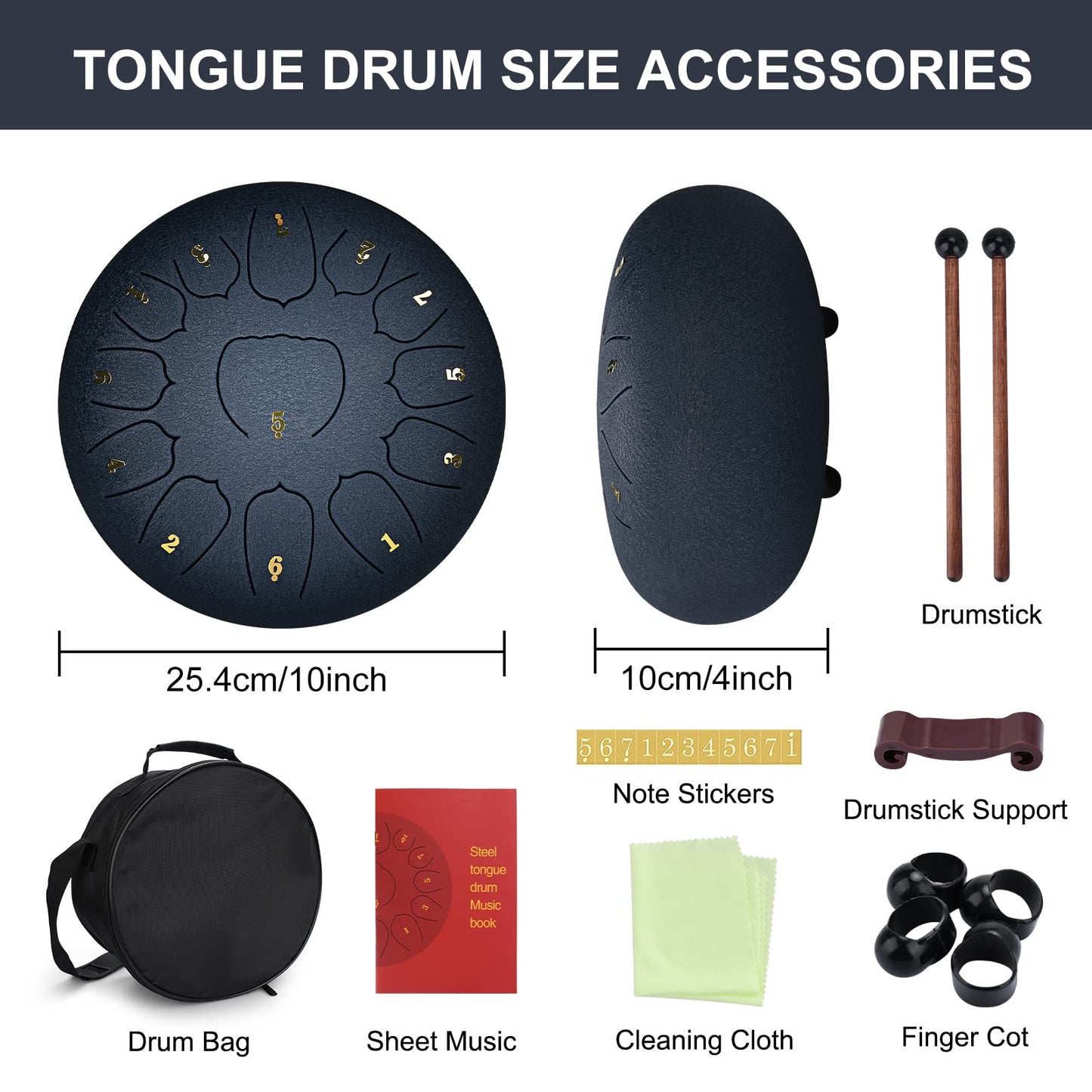 JAMITE Tongue Drum 13 Notes 10 Inch, Steel Pan Tones Percussion Hand Drum with Accessories Box, Bag, Fingerpick, Music Book and Mallet for Meditation Yoga Sound Healing.