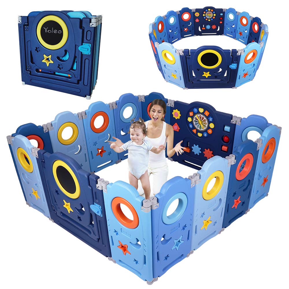 YOLEO Playpen for baby, Foldable Playard 120×120cm, Plastic Playpen in adaptable shape, playpen with door and toy board, Blue