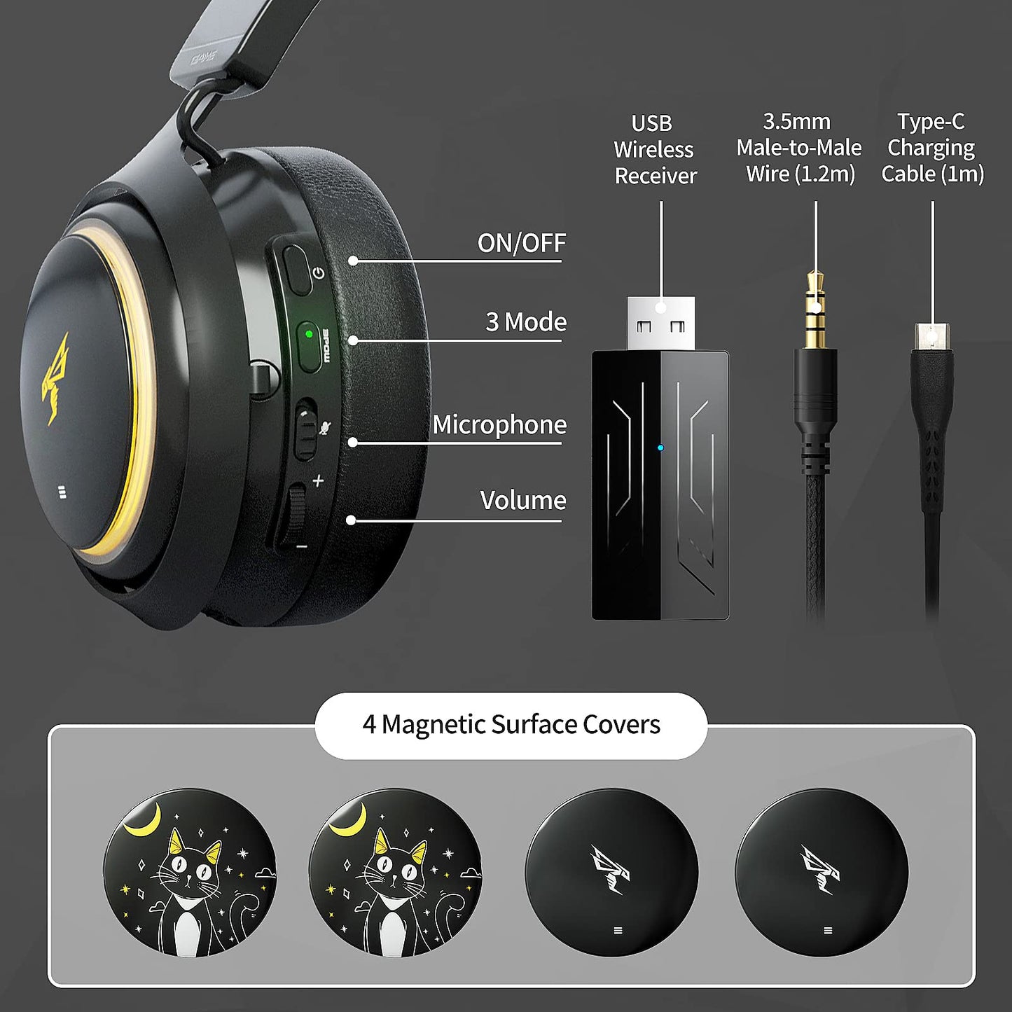 Somic Wireless Gaming Headset, Bluetooth headset for smartphone, retractable microphone, 7.1 surround sound, 50mm drivers, RGB lighting, cute cat ear headphones for girls, Black
